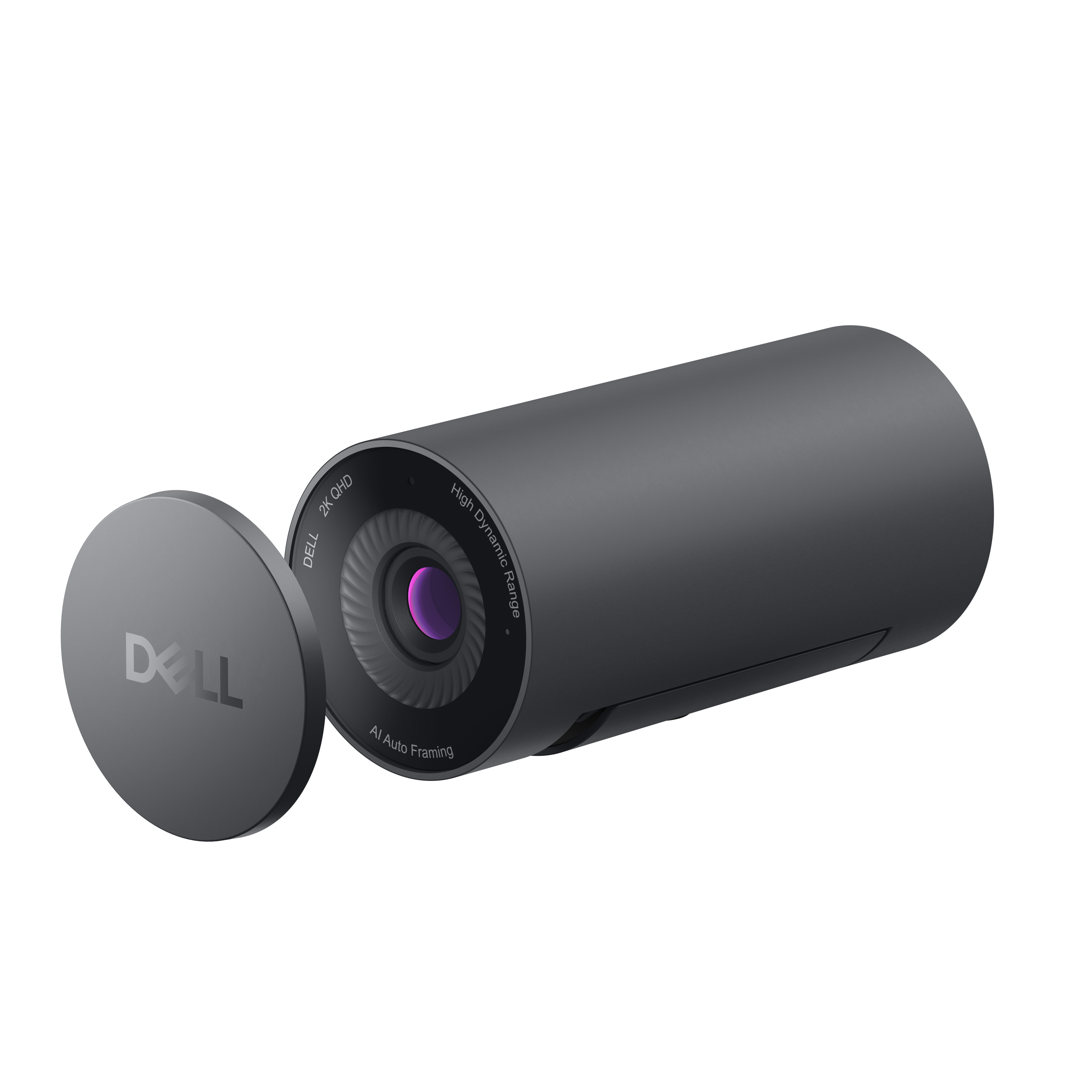 Eine Dell Webcam mit sichtbarer Linse und Kappe, weißer Hintergrund.