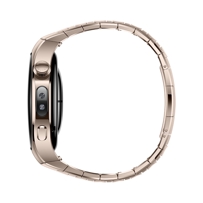 Widok z boku złotego smartwatcha ze złotą metalową bransoletą. Bransoleta jest przymocowana.