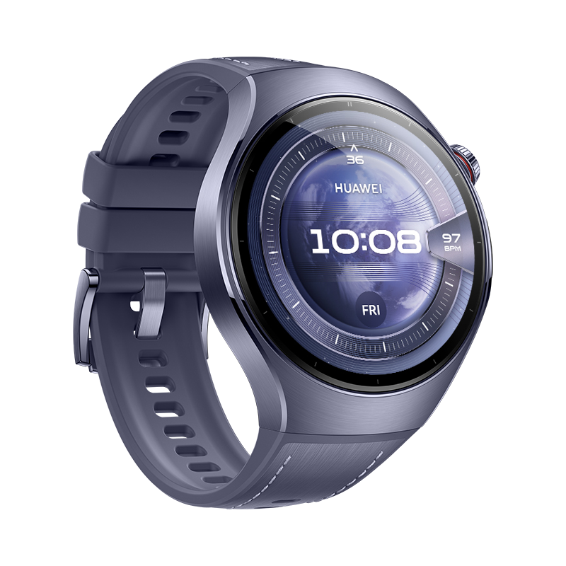 Ciemnoniebieski smartwatch wyświetlający czas, logo Huawei, widok pod kątem.