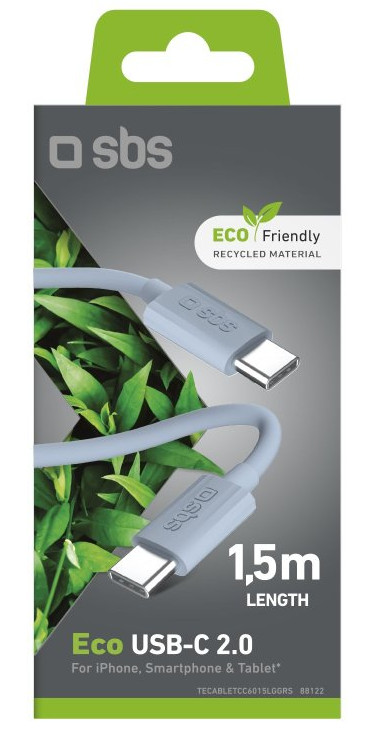 Jasnoniebieski kabel USB-C w pudełku z tekstem o długości i ekologii.