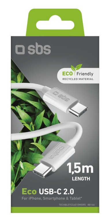 Białe i szare pudełko z kablami USB-C, etykieta ekologiczna.