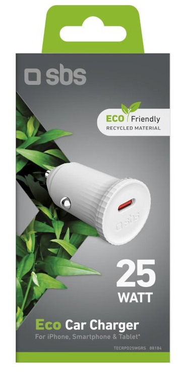 Ładowarka samochodowa w opakowaniu. Biała ładowarka z czerwonym portem USB-C, logo zielonego liścia i „25 WATT”.