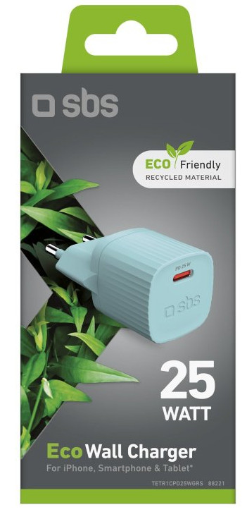 Pudełko z jasno-niebieską ładowarką, zielonym tekstem i zielonym uchwytem.