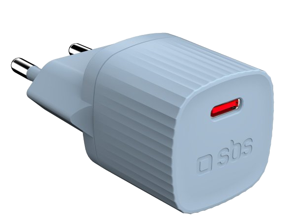 Jasnoniebieska ładowarka ścienna z dwoma bolcami, czerwonym portem USB-C i logo 'sbs'. Czarne tło.
