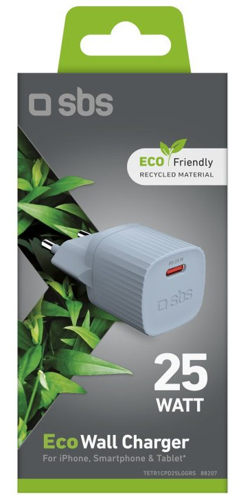 Szara ładowarka w ekologicznym pudełku. Widoczny zielony liść, '25 watów' i tekst 'Eco Wall Charger'.