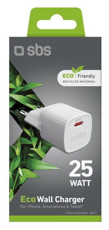 Opakowanie produktu: Biała ładowarka SBS, zielone liście, tekst 'Eco Friendly' i tekst '25W'.