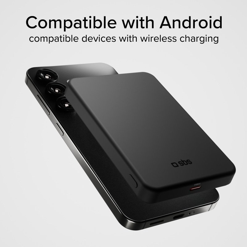 Czarny power bank na czarnym telefonie. Tekst: Kompatybilny z Androidem.