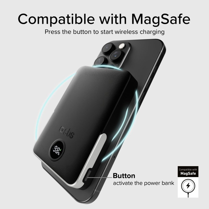Czarny power bank przymocowany do telefonu, z tekstem 'Compatible with MagSafe'. Przycisk jest oznaczony.