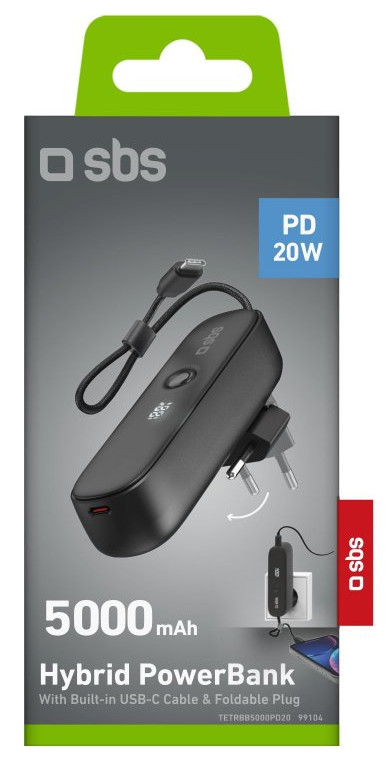 Czarny power bank z kablem USB-C i składaną wtyczką. Białe tło.