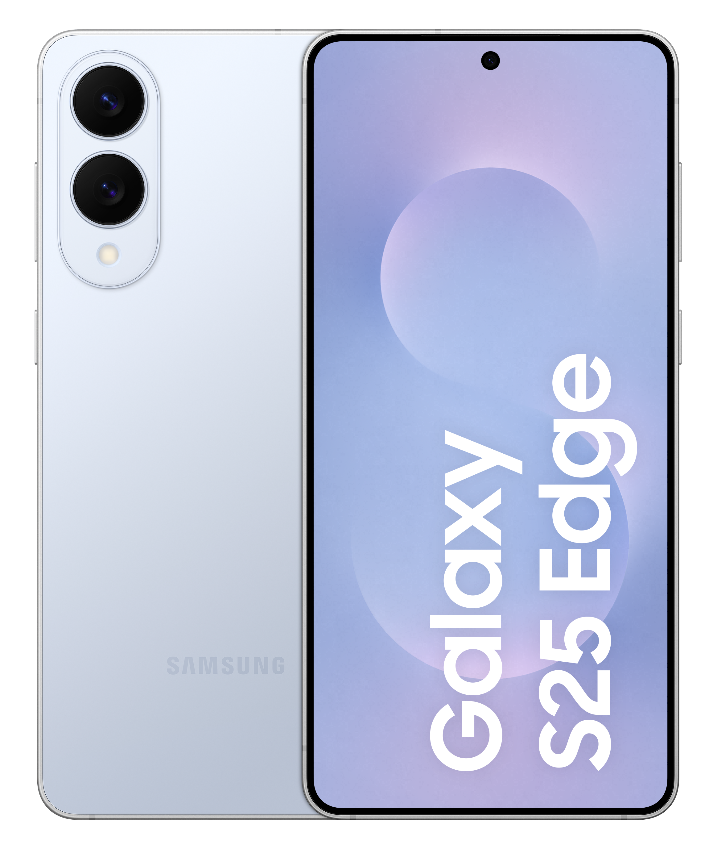 Niebieski telefon Samsung Galaxy S25 Edge, tył i przód.