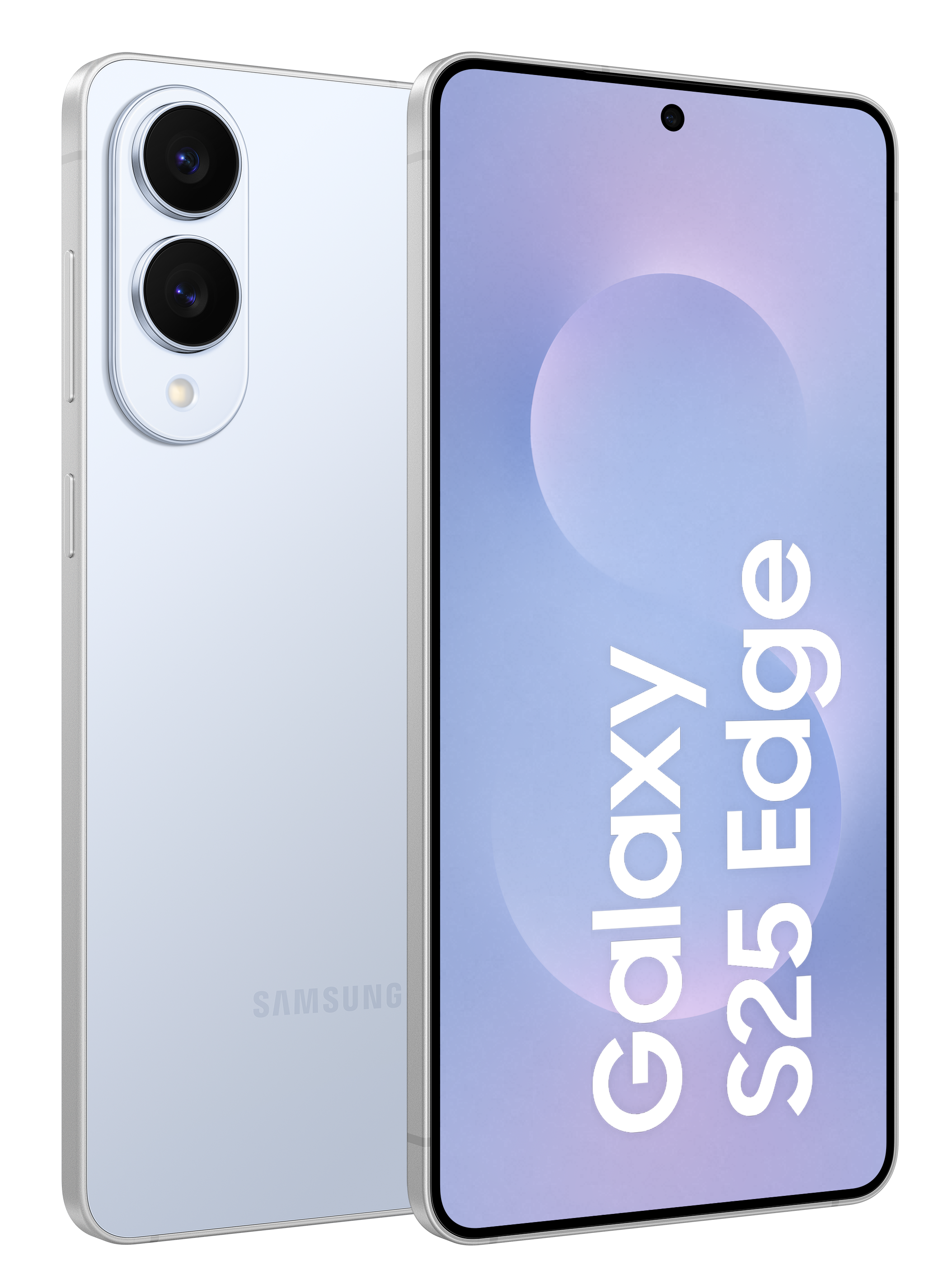 Dwa niebieskie telefony Samsung Galaxy S25 Edge, tył i przód.