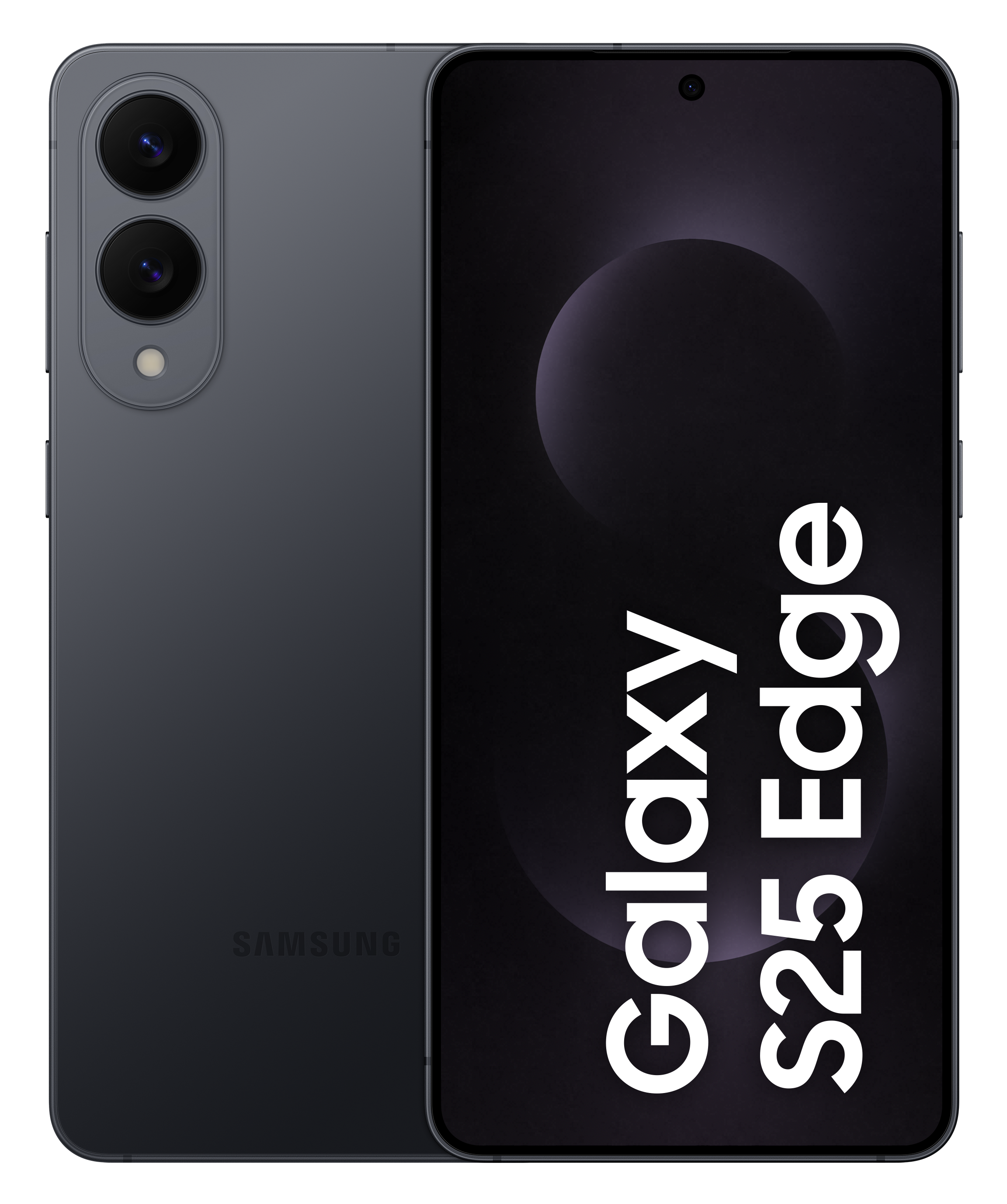 Telefon z potrójnym aparatem, tył. Ciemnoszary, logo Samsung. Tekst: Galaxy S25 Edge.