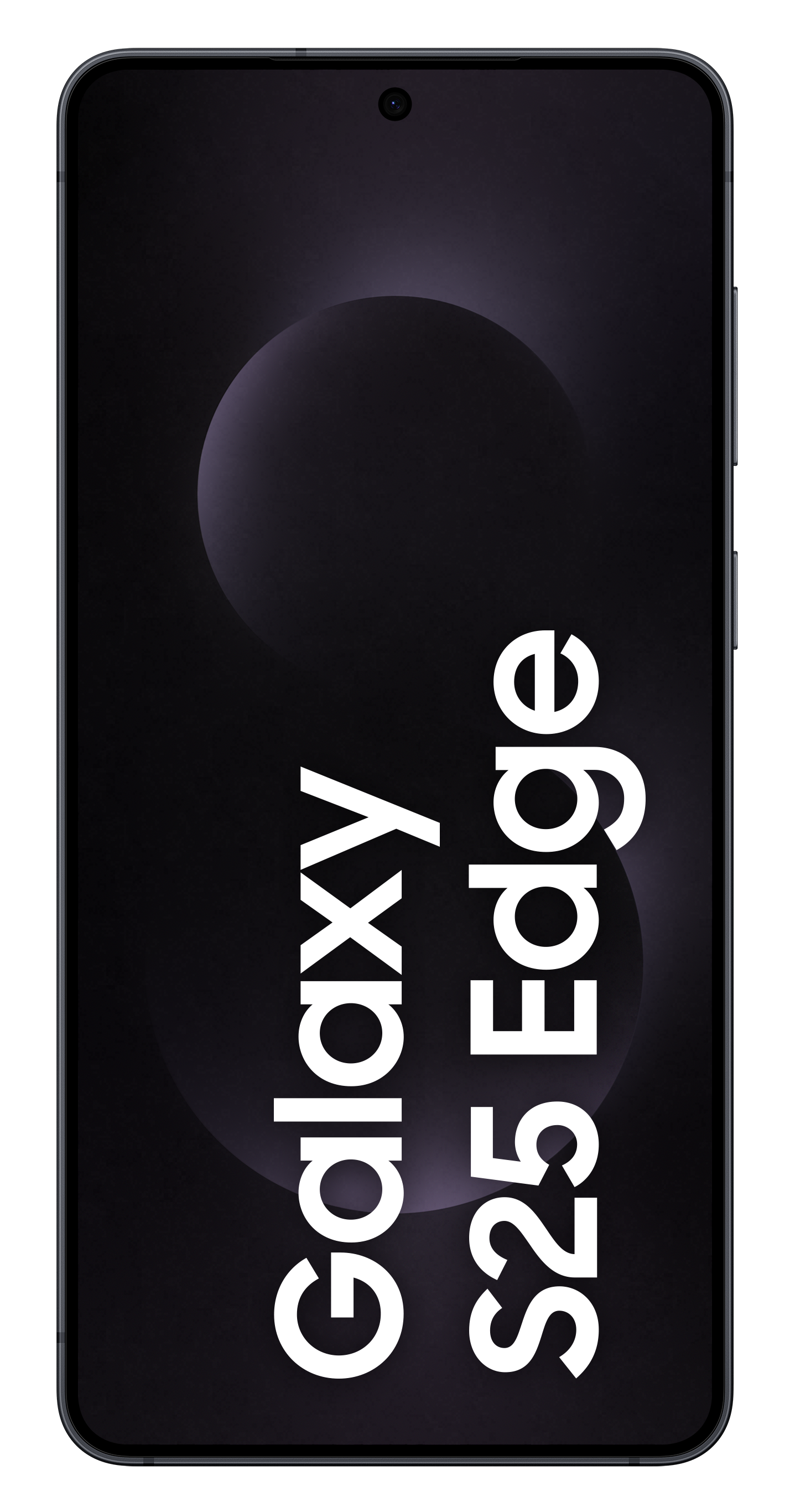 Ekran telefonu na czarnym tle. Tekst: Galaxy S25 Edge. Czarny kolor.