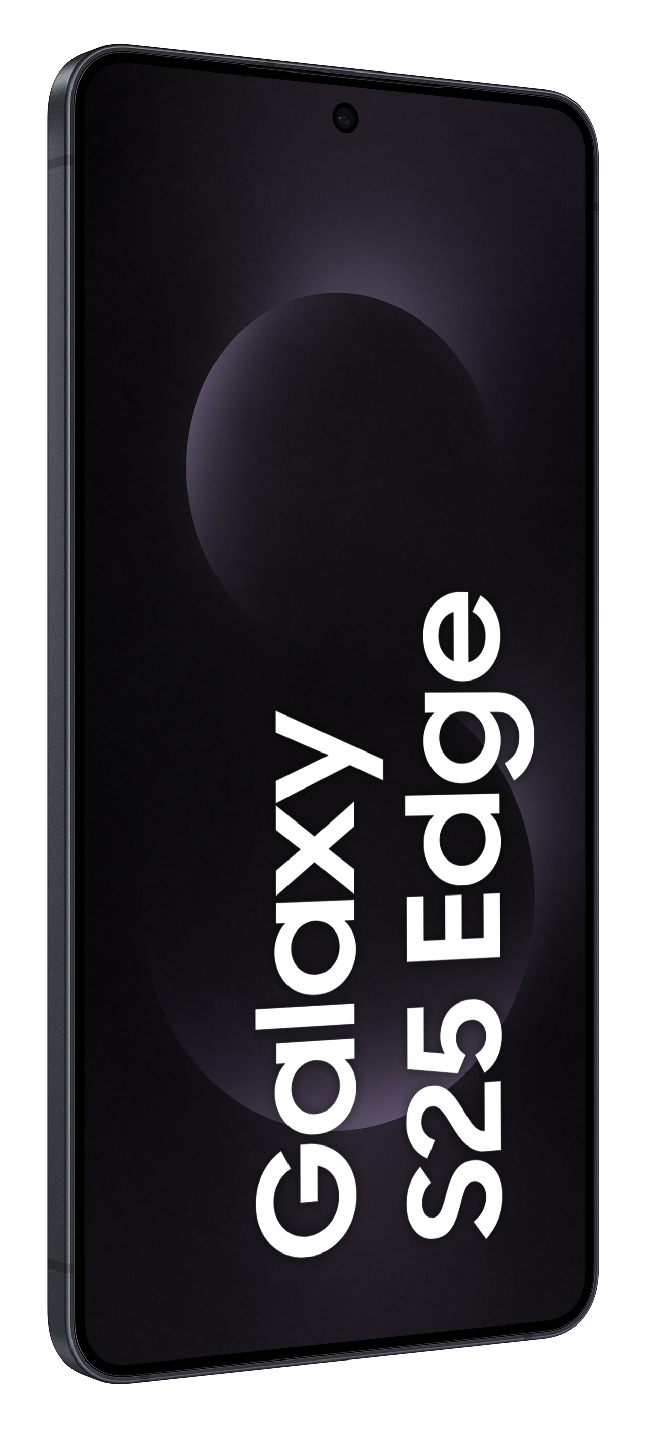 Ekran telefonu na czarnym tle. Tekst: Galaxy S25 Edge. Czarny kolor.
