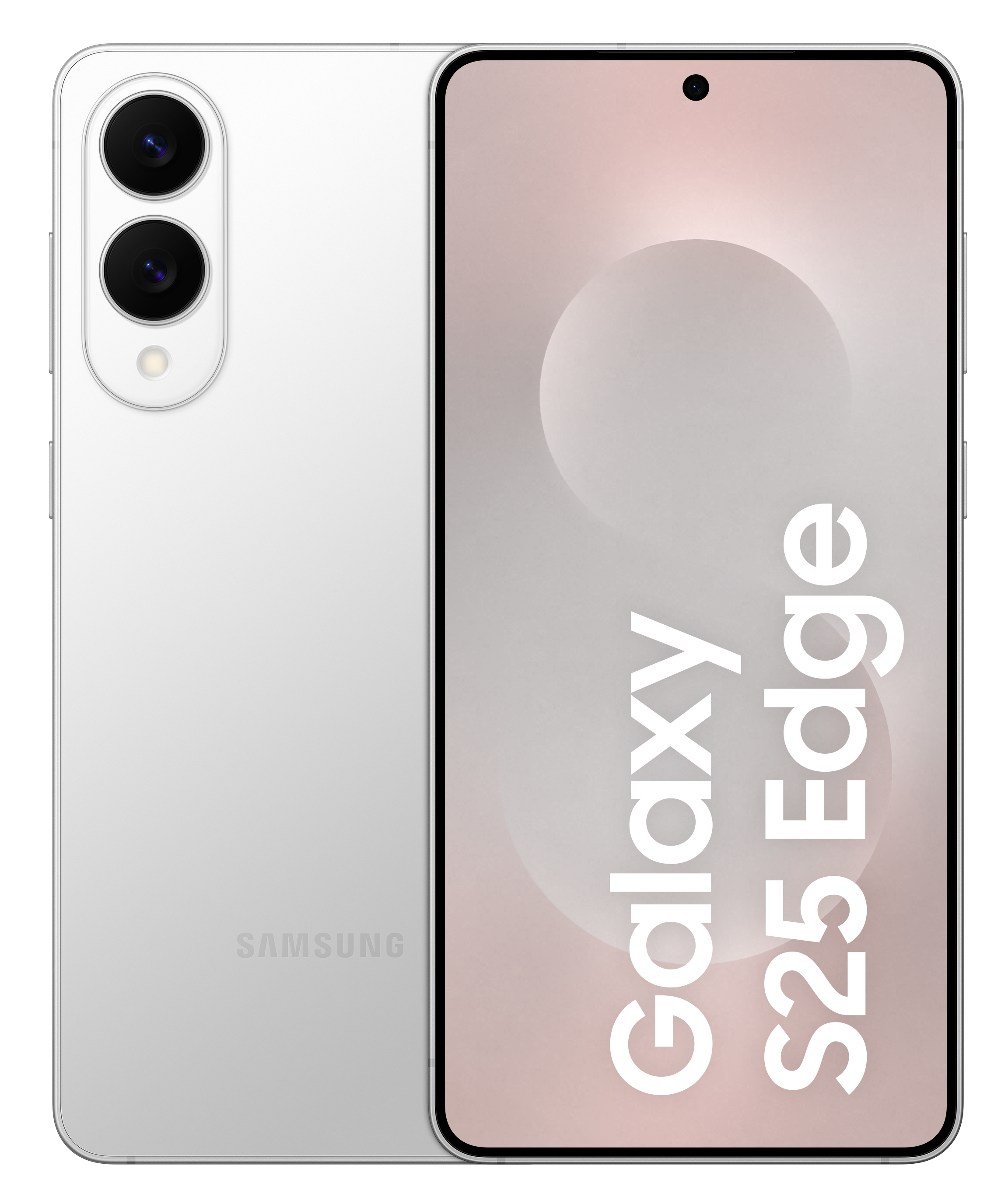 Biały smartfon z potrójnym aparatem i marką Samsung, wyświetlający Galaxy S25 Edge na ekranie.