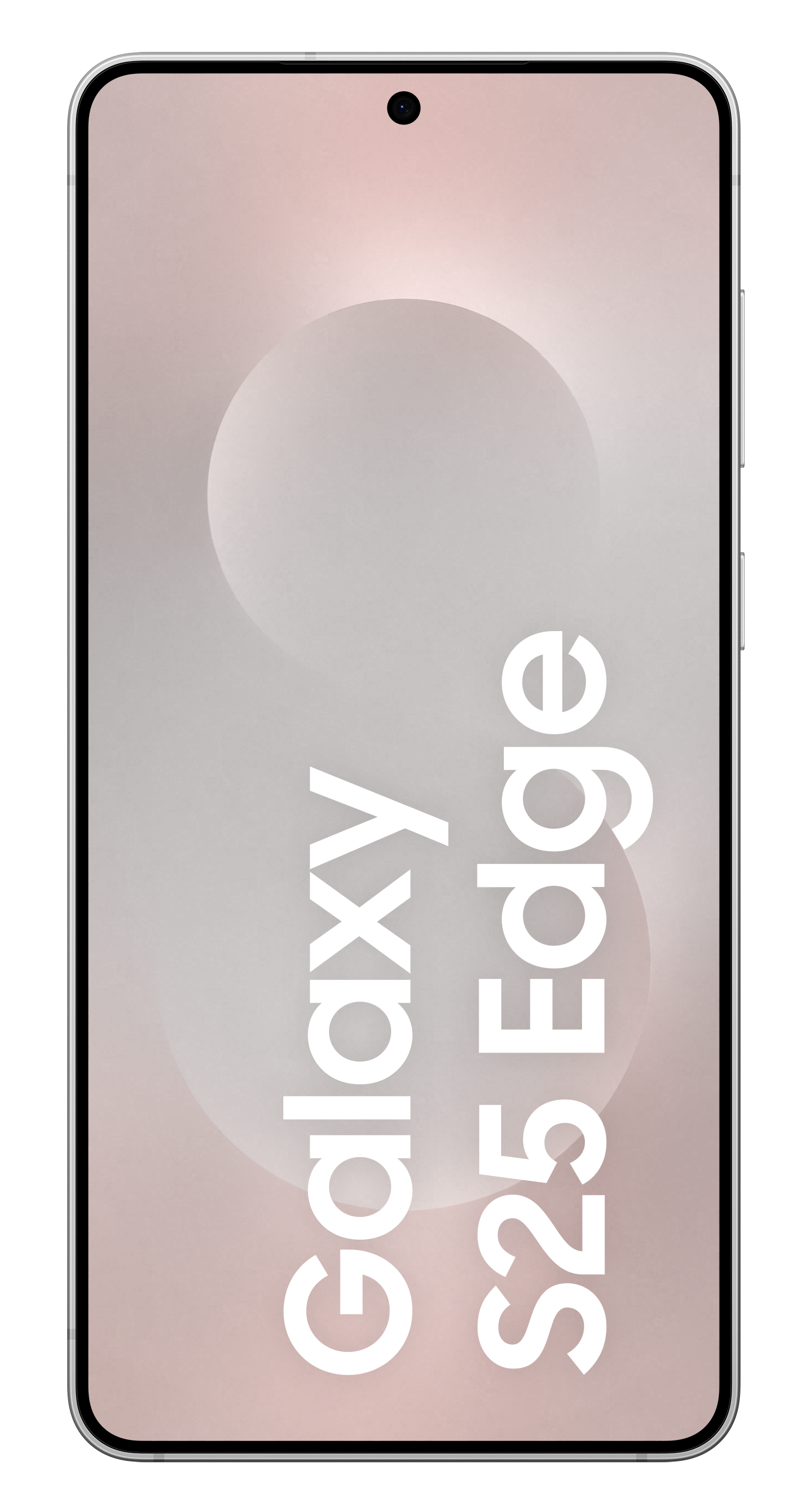 Biały ekran smartfona z tekstem Galaxy S25 Edge na miękkim różowo-białym tle.