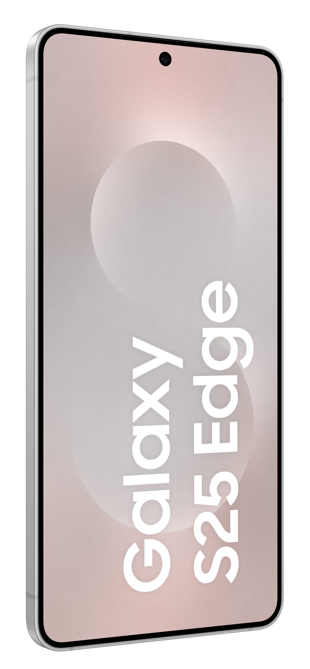 Biały ekran smartfona z tekstem Galaxy S25 Edge, widok z boku, na miękkim różowo-białym tle.