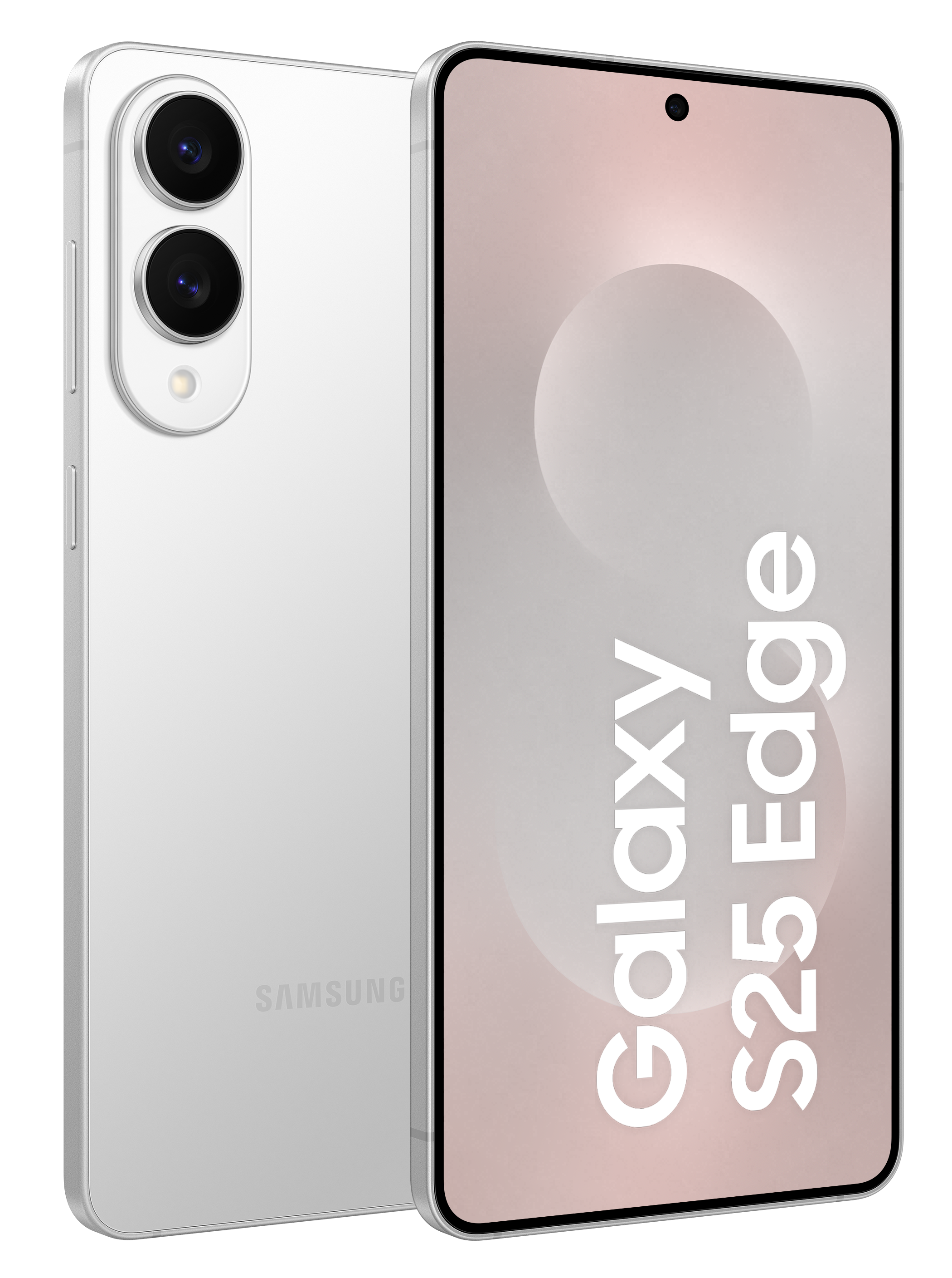 Biały smartfon z potrójnym aparatem i marką Samsung, wyświetlający Galaxy S25 Edge na ekranie.