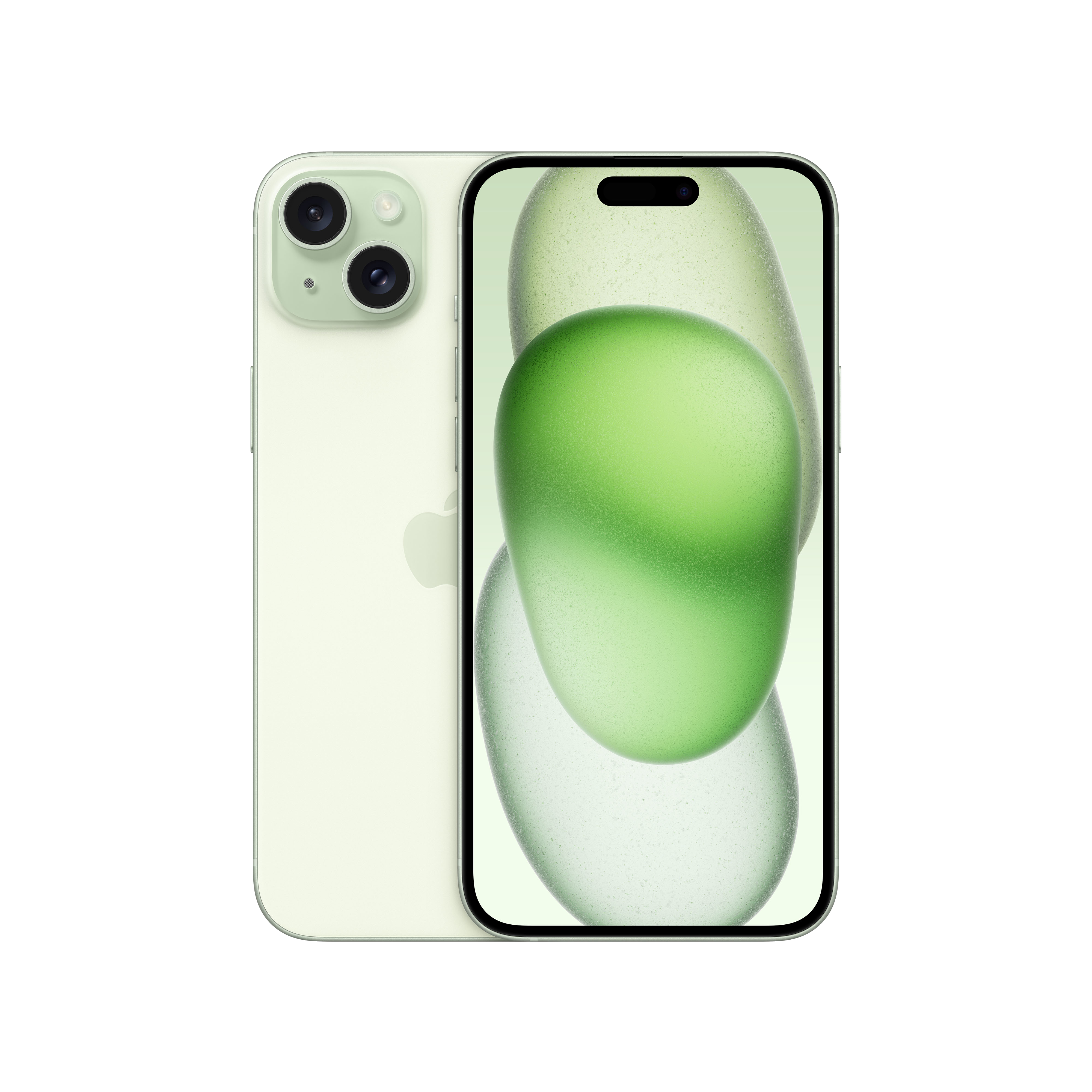 İki arka kamerası olan sarı bir iPhone, soyut sarı ve pembe şekiller içeren bir ekran gösteriyor.
