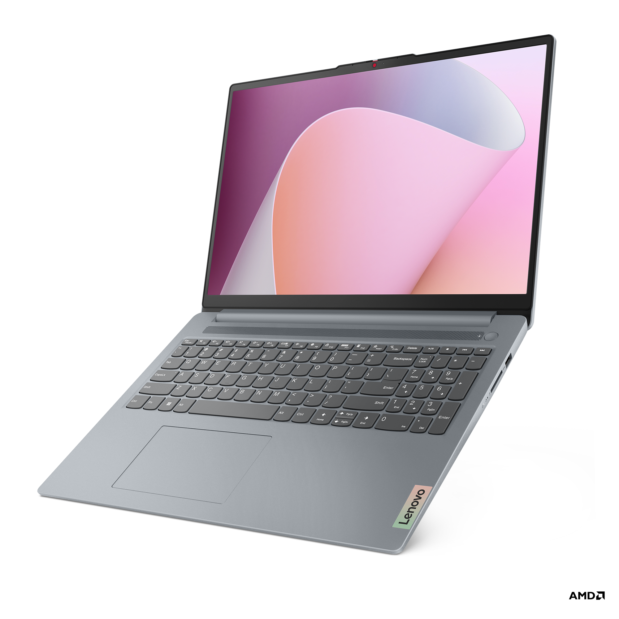 Gri Lenovo dizüstü bilgisayar, açılı görünüm, açık, ekran pembe ve mor tasarım gösteriyor.