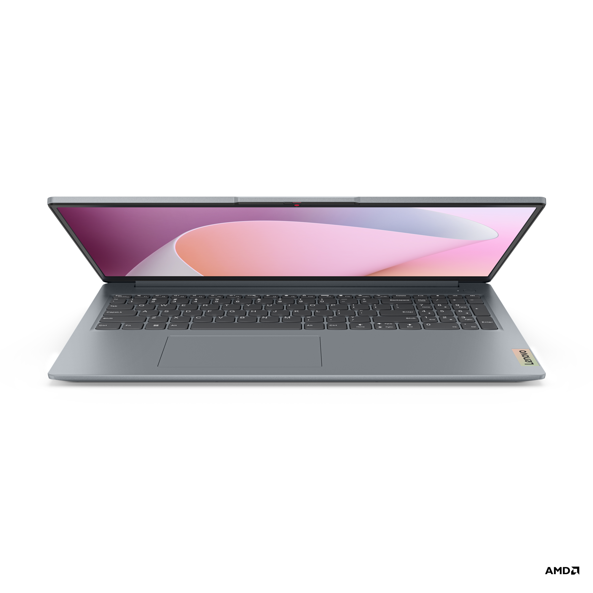 Gri Lenovo dizüstü bilgisayar, açık, klavye görünür, pembe ve mor bir ekran gösteriyor.