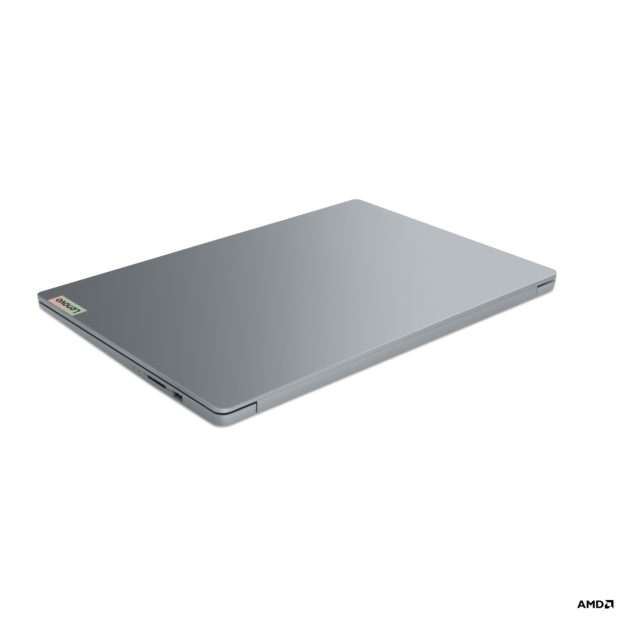 Gri Lenovo dizüstü bilgisayar, kapalı, açılı görünüm, dizüstü bilgisayarın kapalı kapağını gösteriyor.