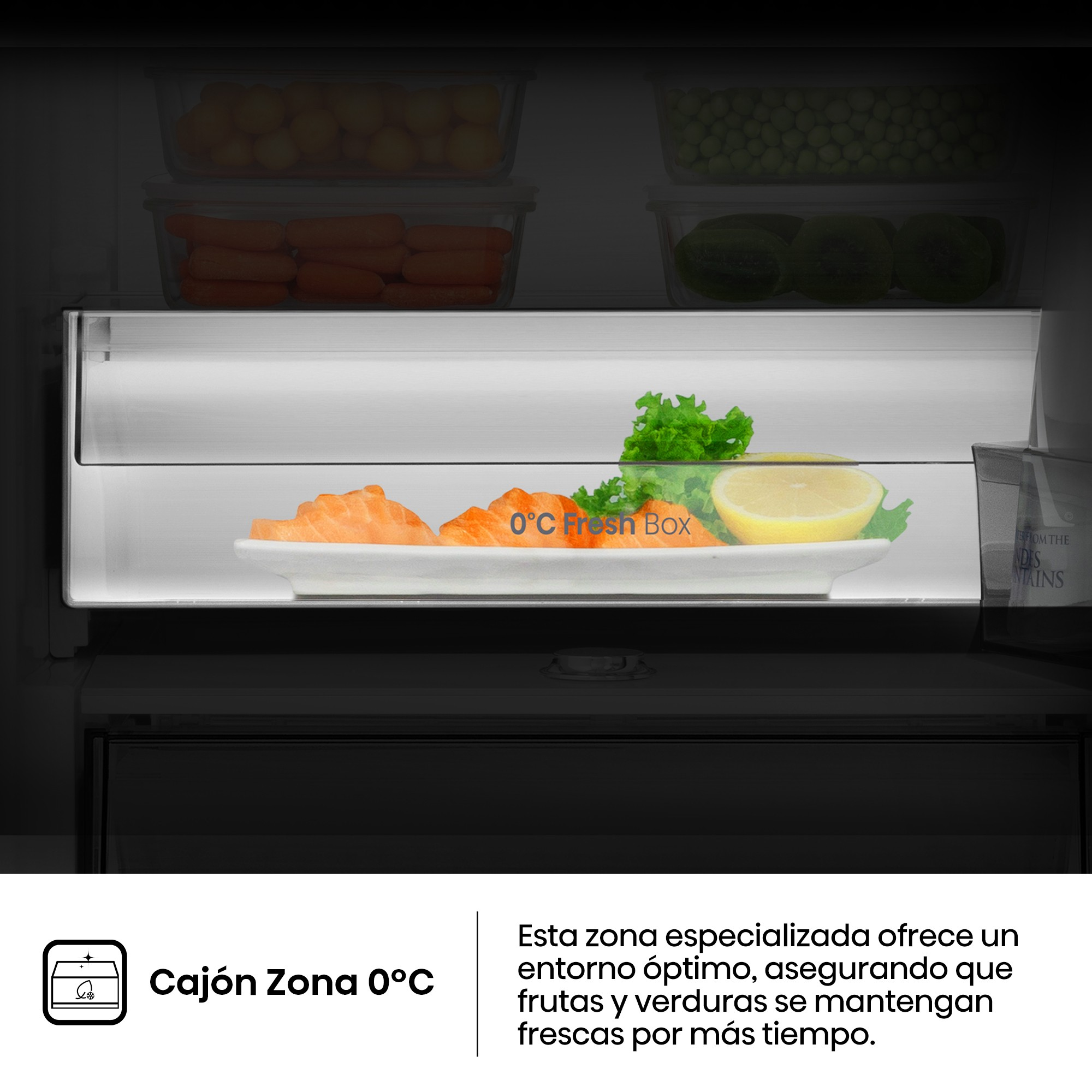 Interior de refrigerador, con alimentos en la caja fresca de 0°C.