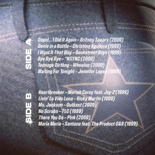 Rückseite des Albums mit Titelliste und Jeans-Taschendetail.