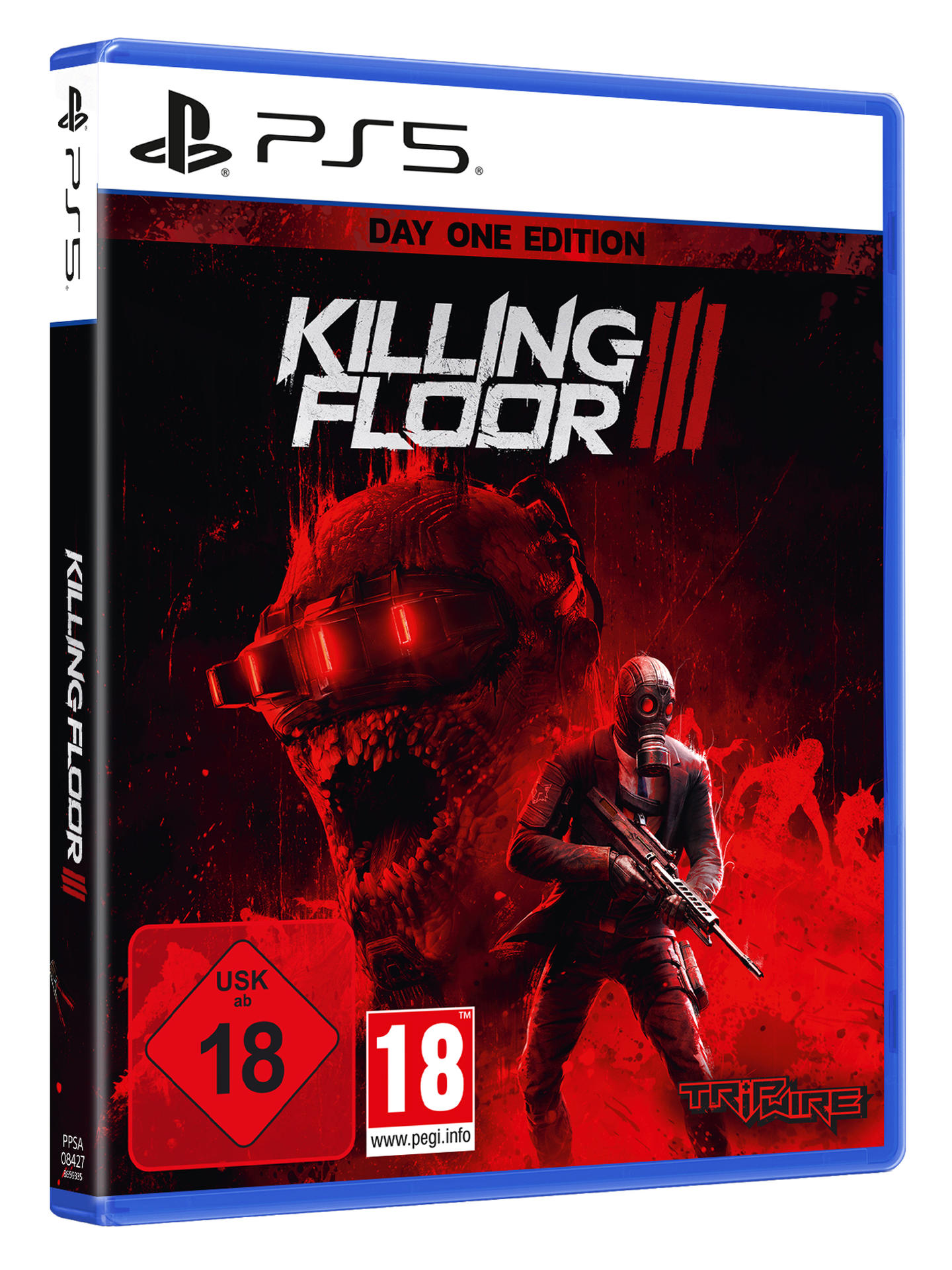 Spielbox mit einem Monster, einer Person mit einer Waffe und dem Titel 'Killing Floor III' auf rotem Hintergrund.