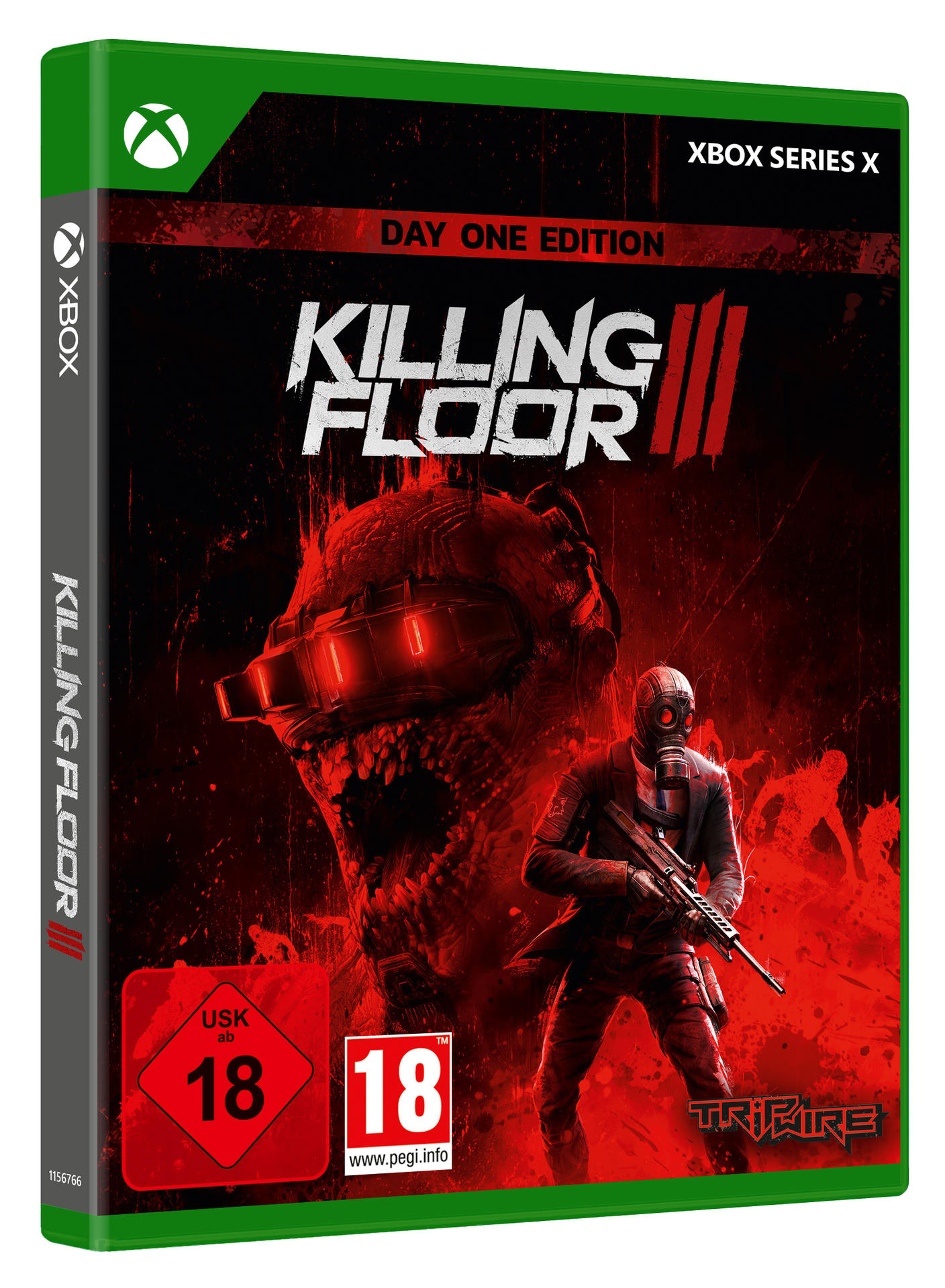 Eine Xbox Series X Spielbox mit dem Titel 'Killing Floor III', einer monströsen Figur und einer Person mit Waffe.