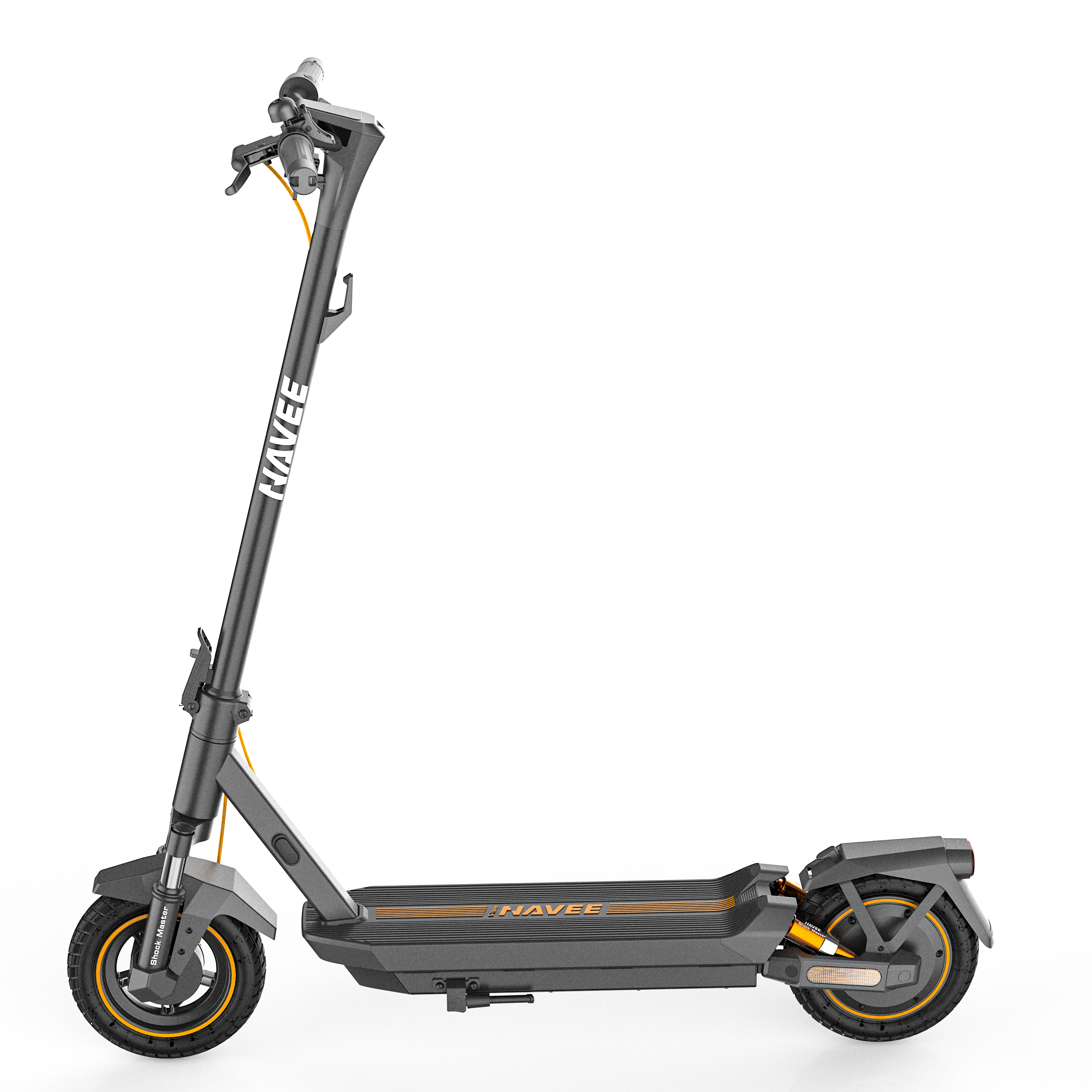 Yan görünümden siyah ve gri bir Navee elektrikli scooter, turuncu vurgular ve beyaz bir arka plan ile.