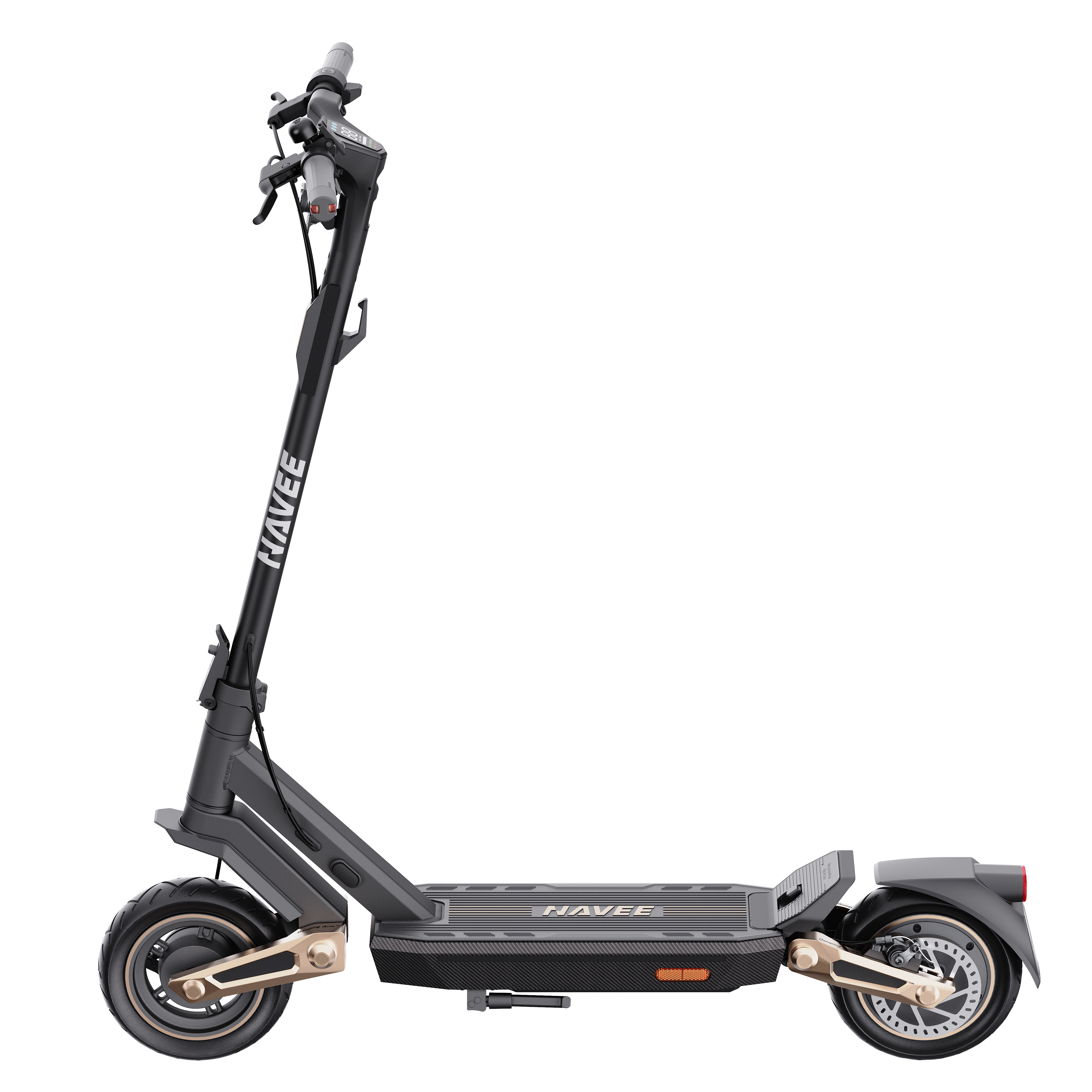 Altın detaylı siyah ve gri elektrikli scooter. Gidon, platform ve tekerlekleri var. Marka adı görünür.