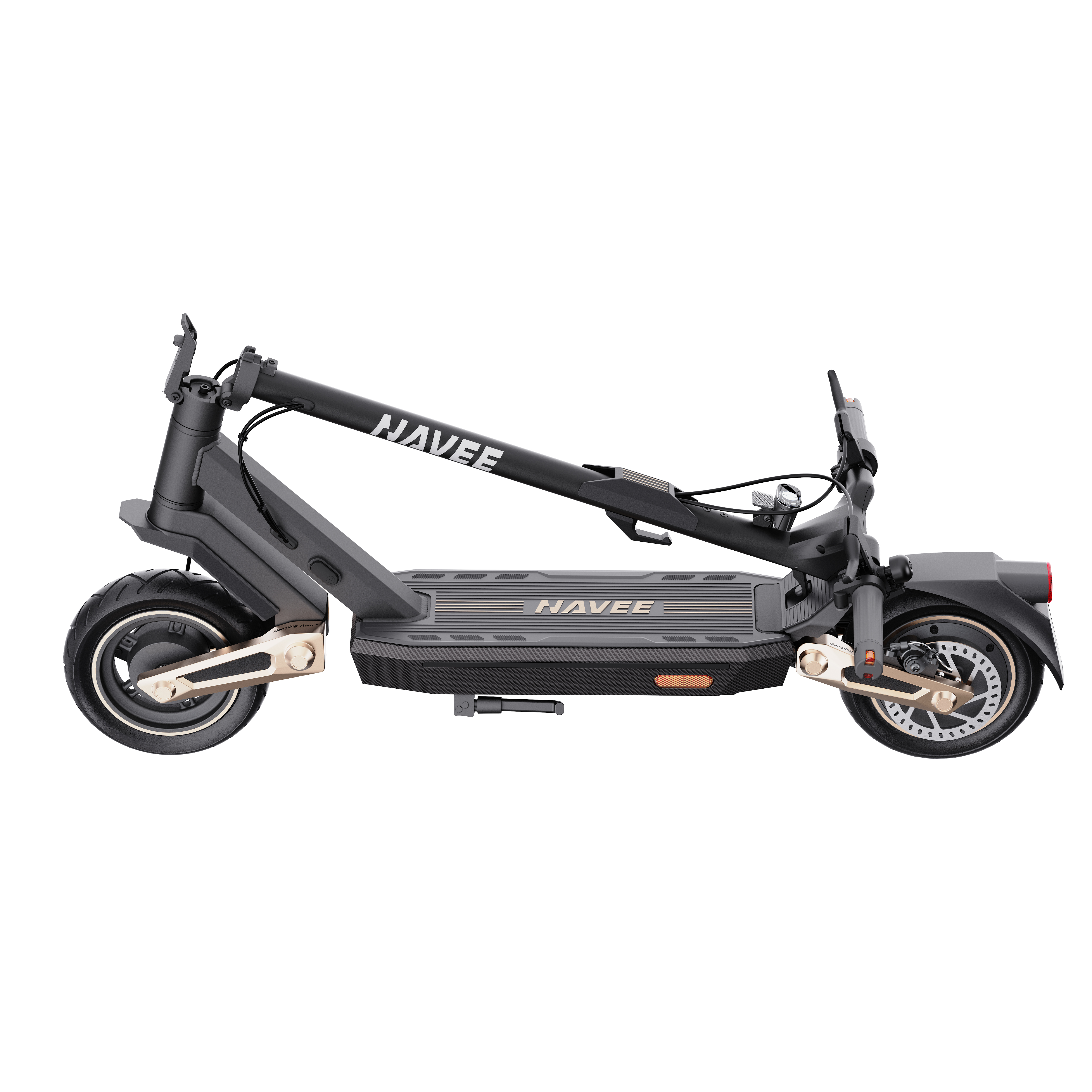 Siyah elektrikli scooter, yan görünüm. Scooter, platformunu, tekerleklerini ve marka adını gösteriyor. Ortam beyaz.