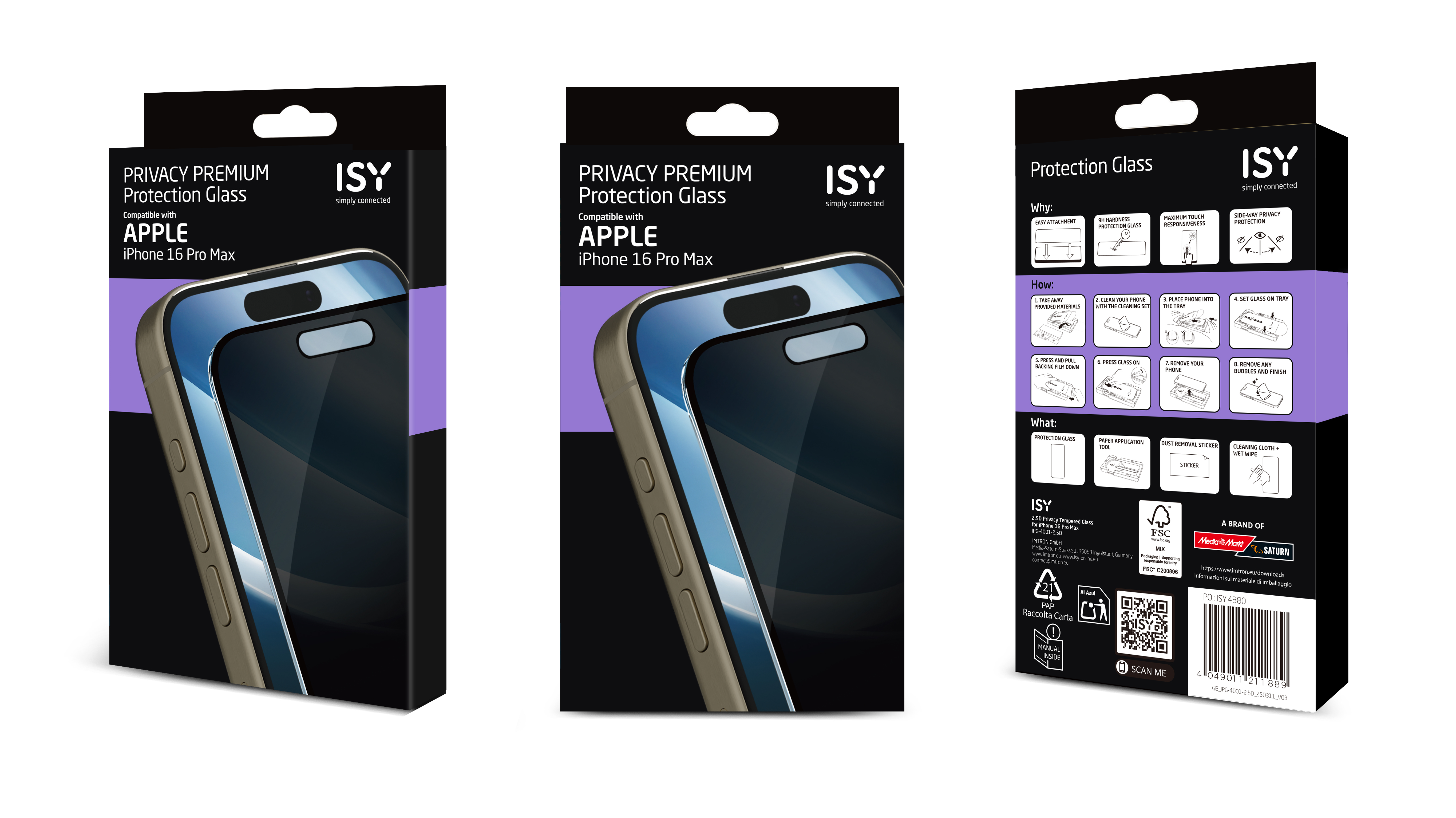 Verpackung des Displayschutzes, mit Telefon und Markenlogo.