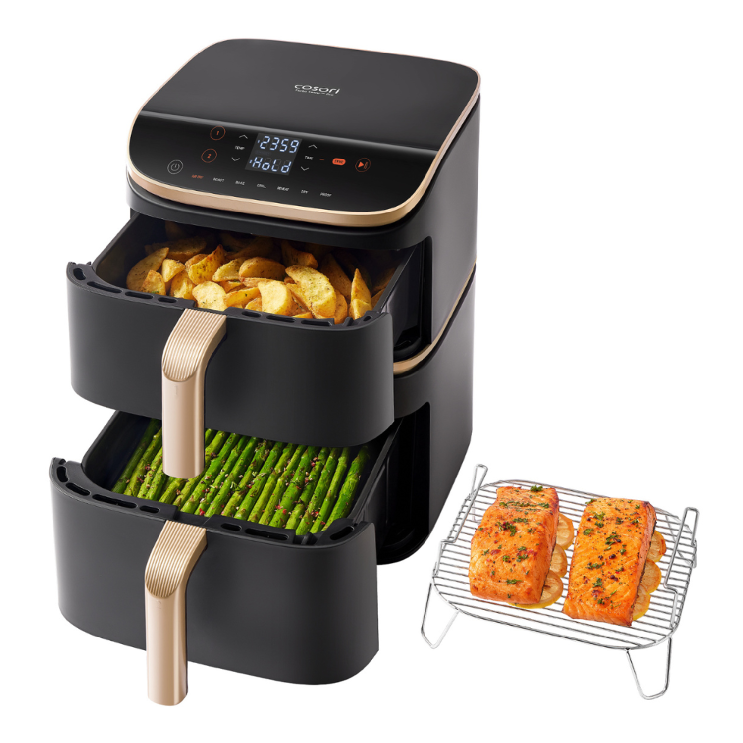 Black air fryer with food inside and a tray with salmon.