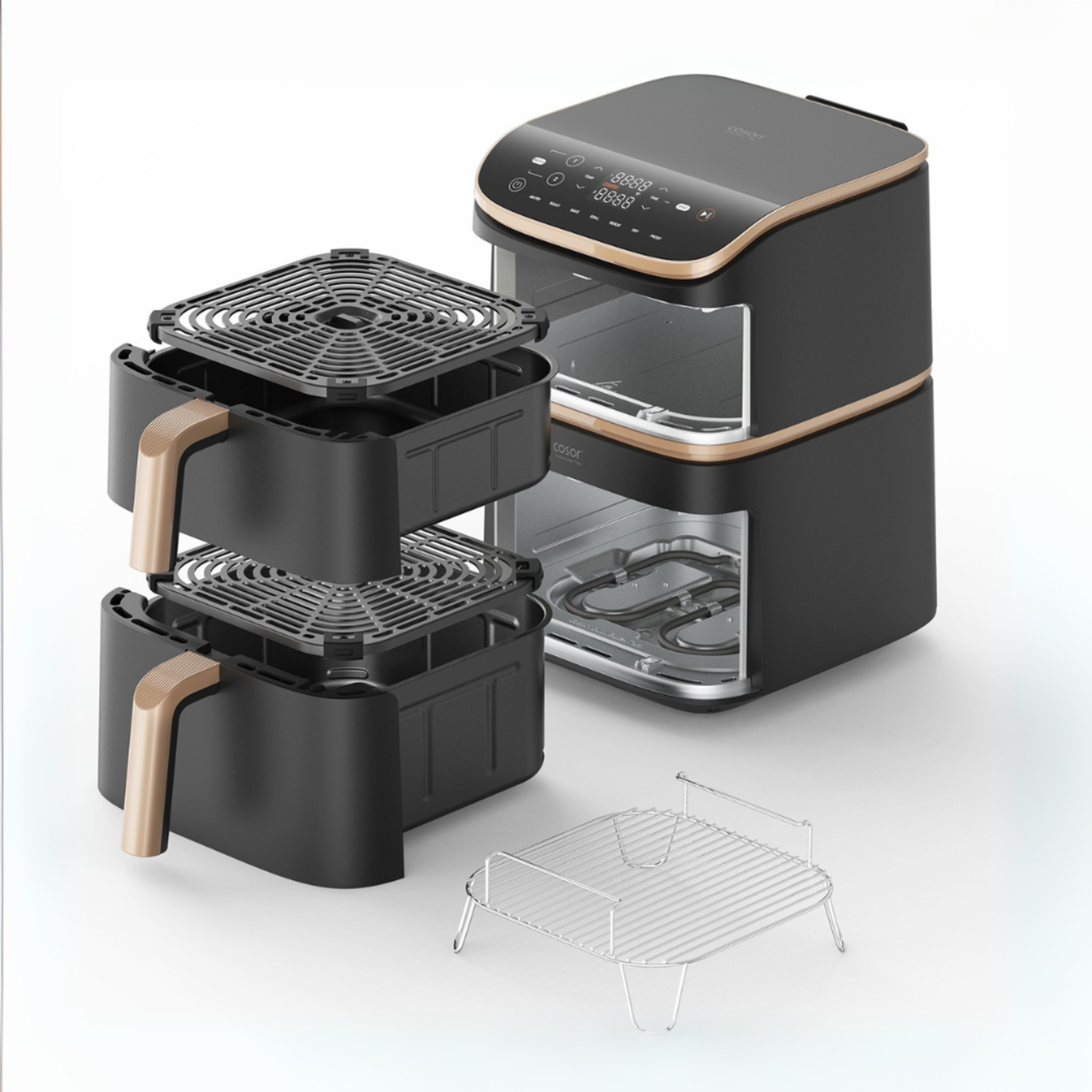 Black air fryer with parts and a tray.