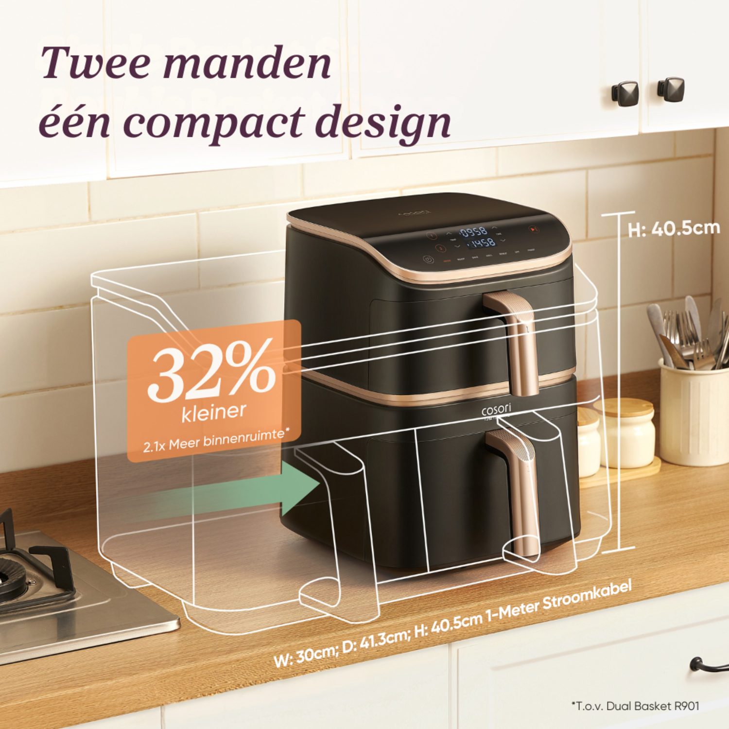Air fryer with text about compact design.