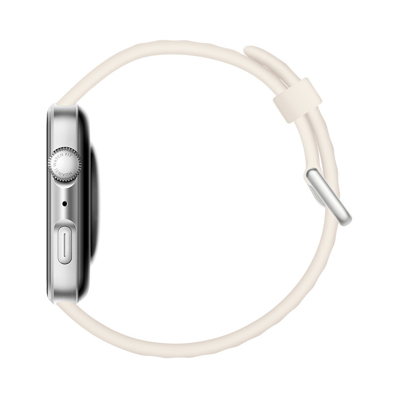 Widok z boku srebrnego smartwatcha z białym paskiem. Zegarek jest okrągły. Pasek jest kremowy.