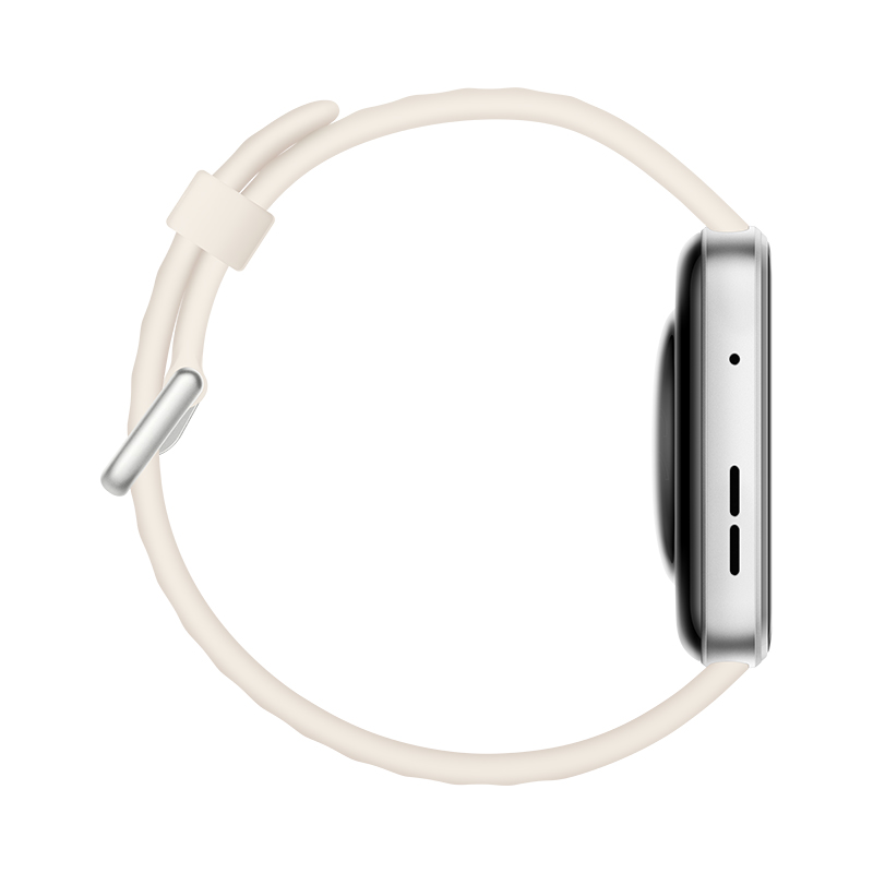 Widok z boku srebrnego smartwatcha z białym paskiem. Zegarek jest okrągły z czarnym wyświetlaczem.