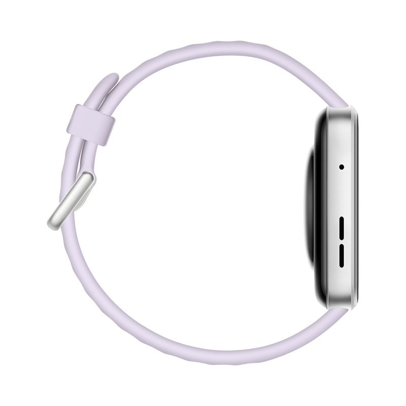 Widok z boku srebrnego smartwatcha z fioletowym paskiem. Zegarek ma elegancki design.