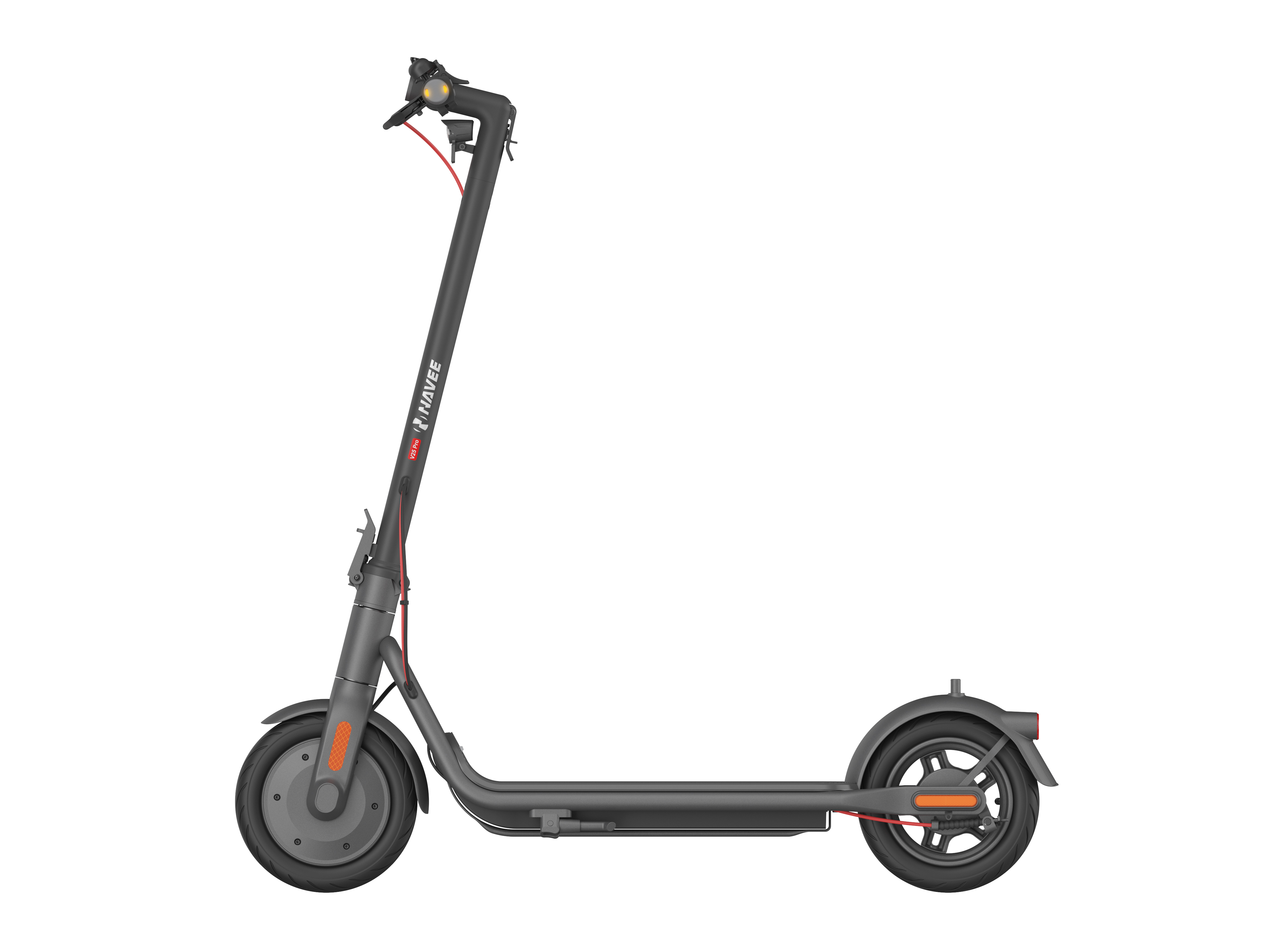 Beyaz zemin üzerinde gri bir Navdee elektrikli scooter. Turuncu bir reflektöre sahip.