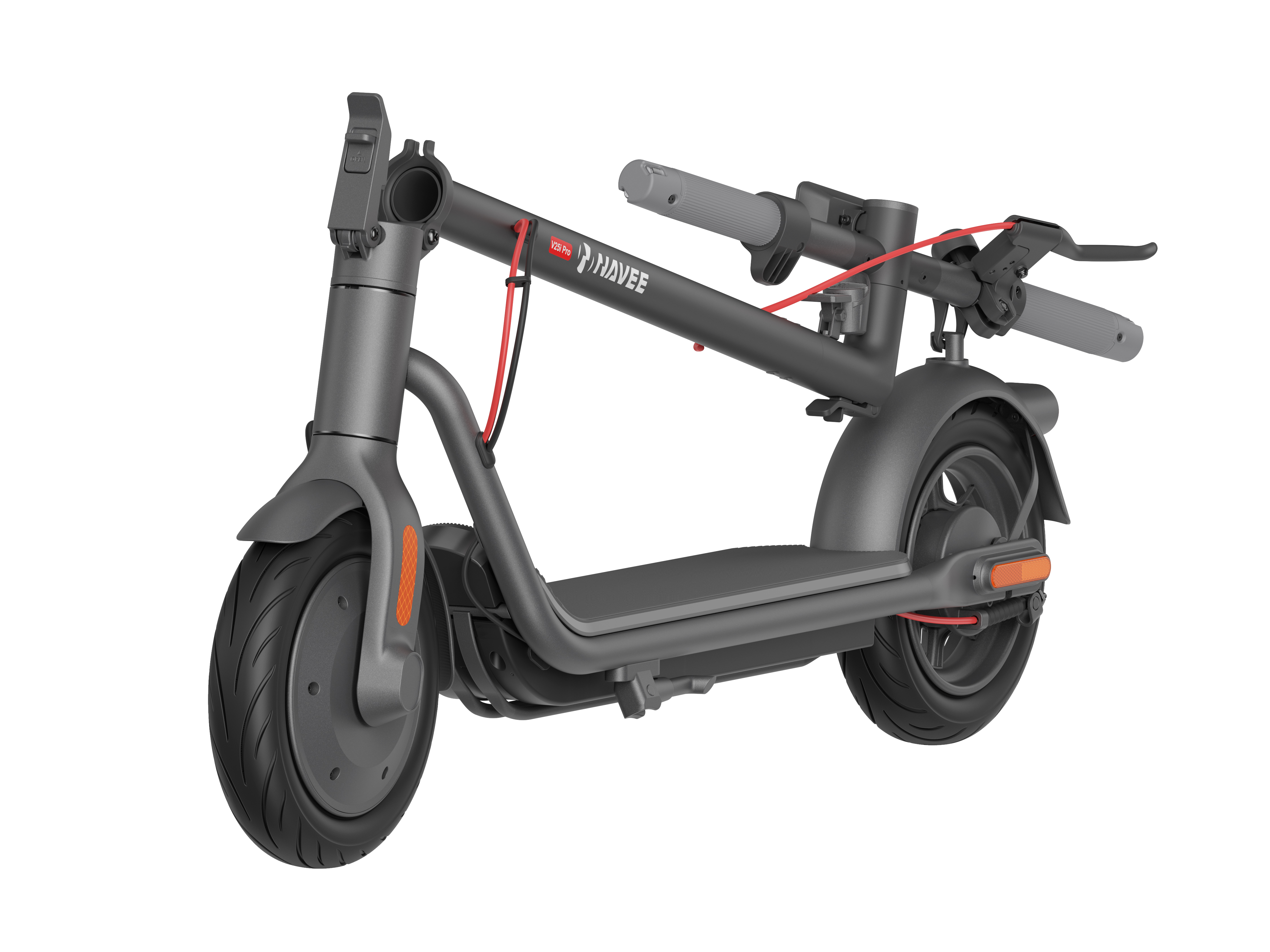 Katlanmış gidonlu ve kırmızı kablolu gri Navdee elektrikli scooter. Siyah tekerlekler, turuncu reflektör.
