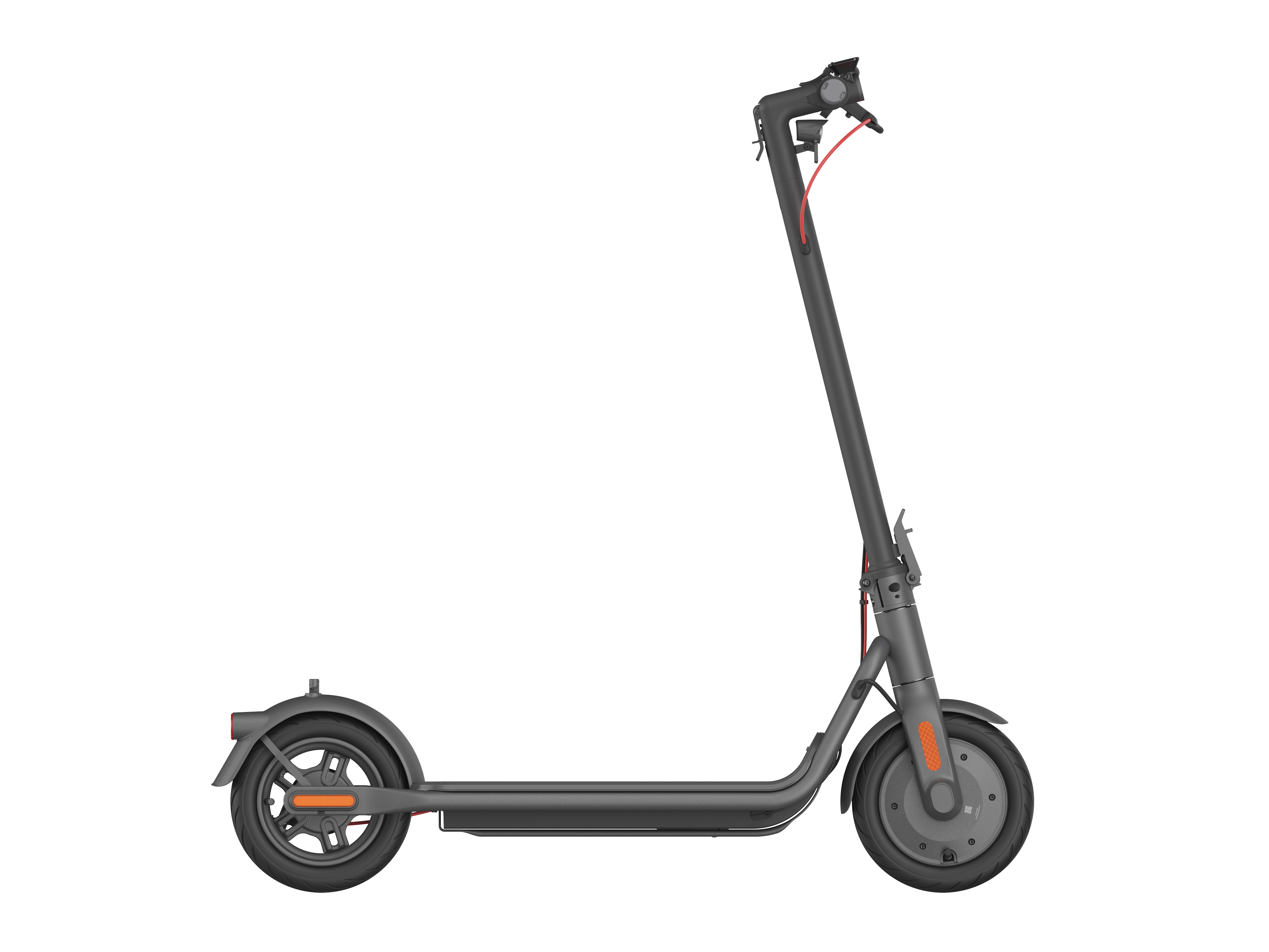Gri bir Navdee elektrikli scooter'ın yan görünümü. Tekerleği, turuncu reflektörü ve kırmızı kabloyu gösterir.