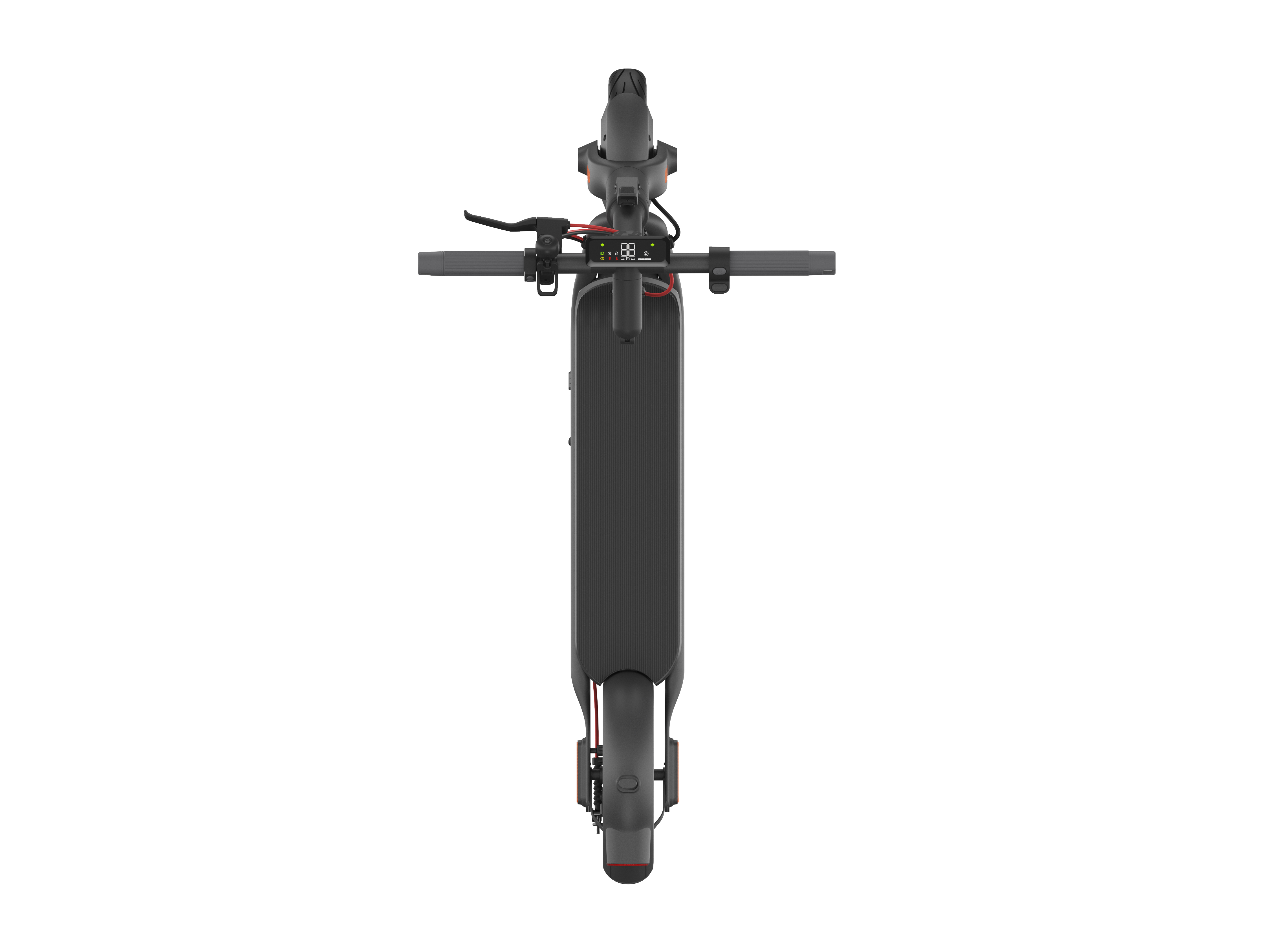 Gri bir elektrikli scooter'ın üstten görünümü. Gidon, güverte ve tekerlekler görünür. Kırmızı kablolar.