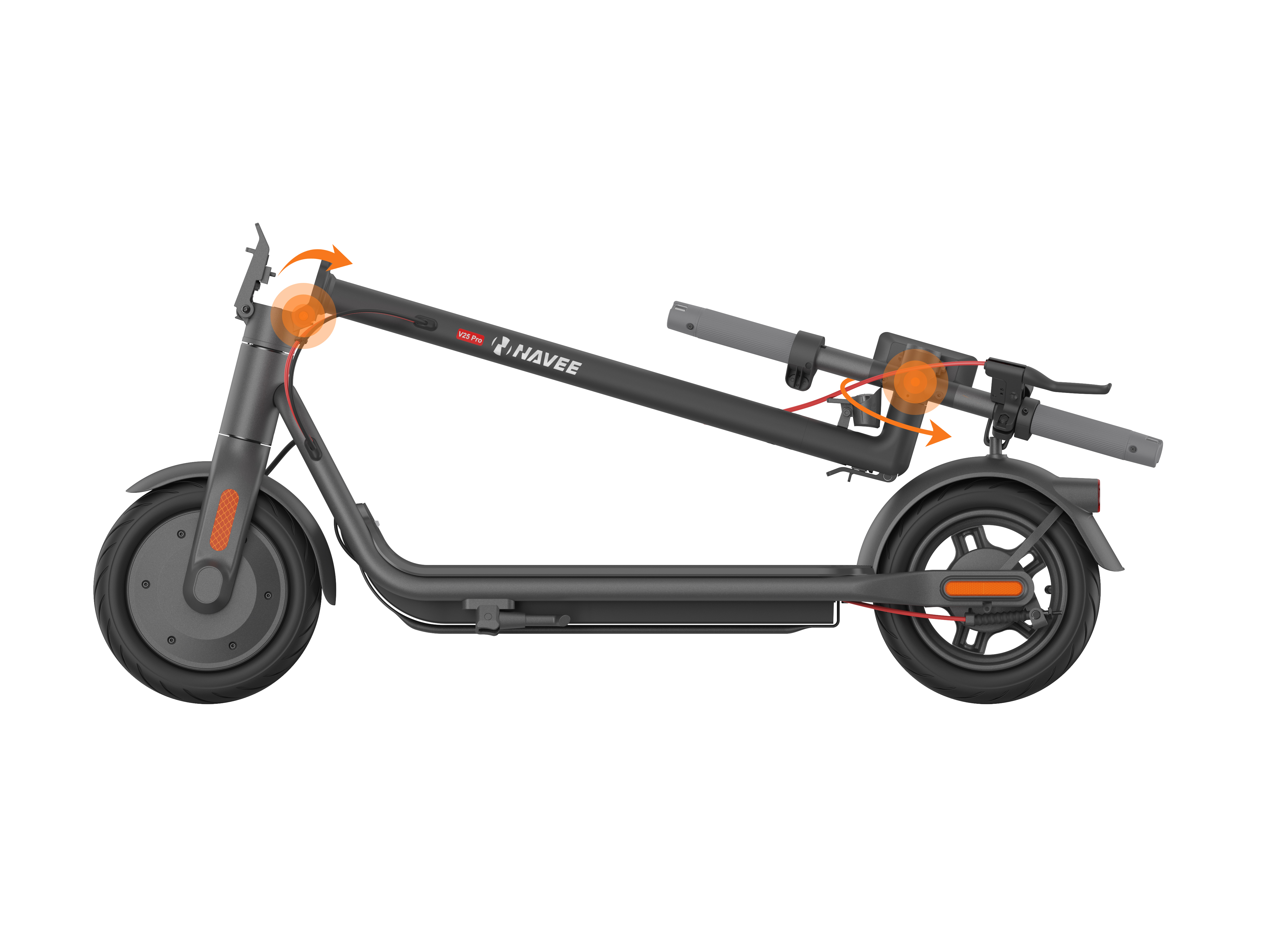 Turuncu renkte katlama mekanizması gösterilen gri Navdee elektrikli scooter. Kırmızı kablolar görünür.