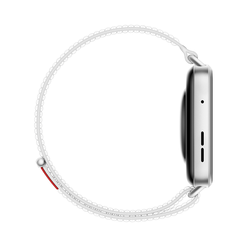 Smartwatch z białym paskiem i czarnym ekranem na białym tle.