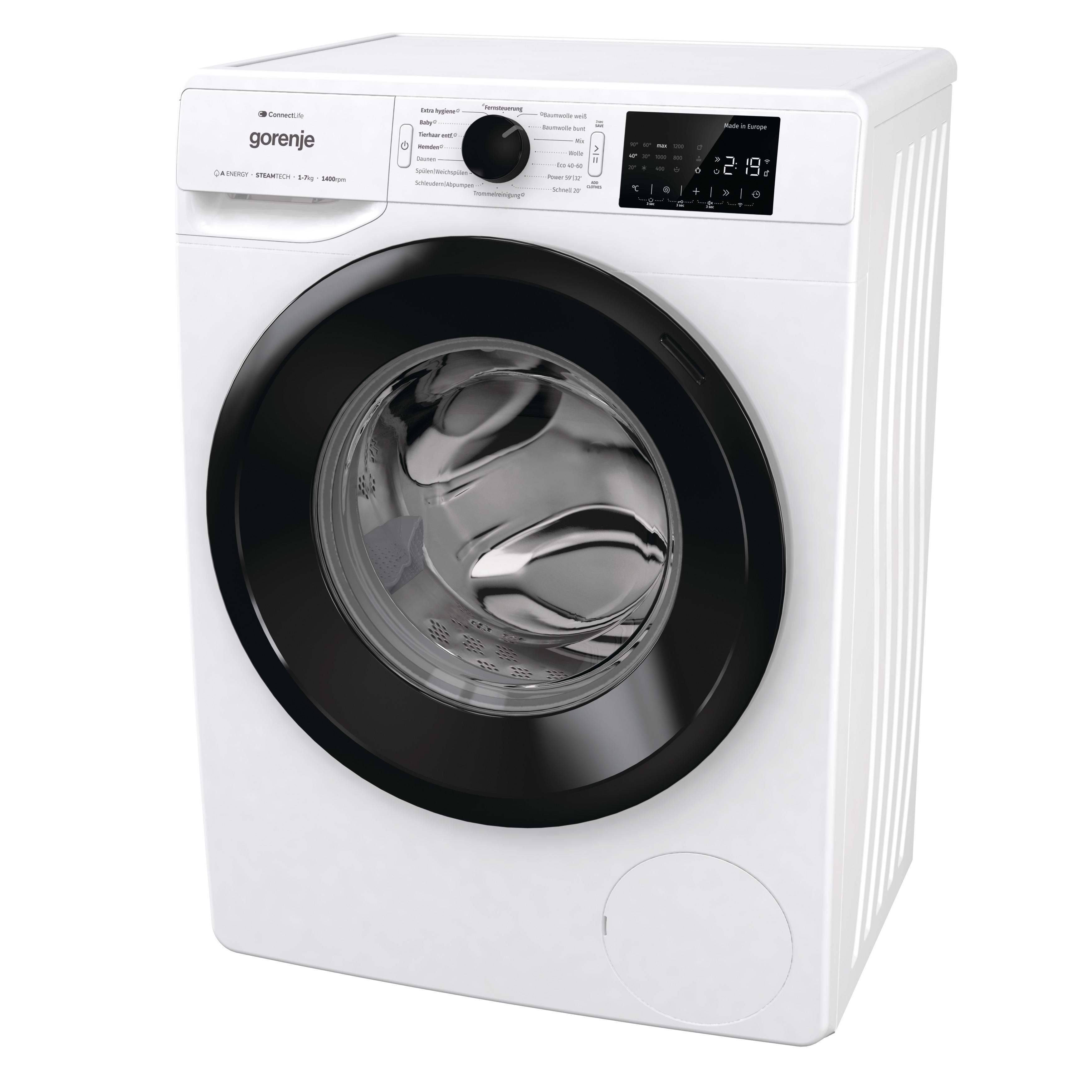 Weiße Gorenje Waschmaschine, schwarze Tür, Digitalanzeige, Knöpfe.  Vorderansicht.