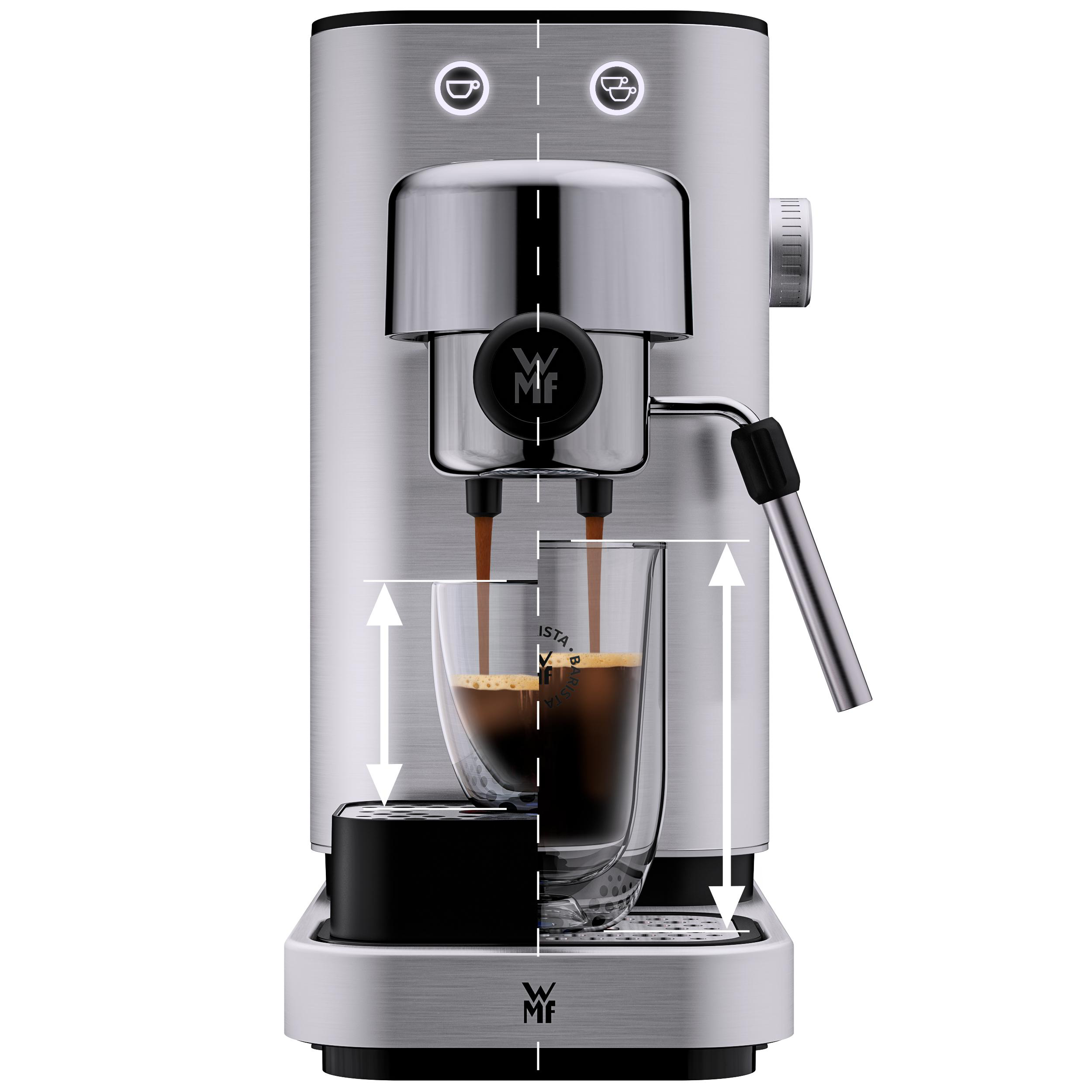 Espressomaschine, die Kaffee in ein Glas ausgibt. Weiße Pfeile zeigen den Kaffeefluss an.