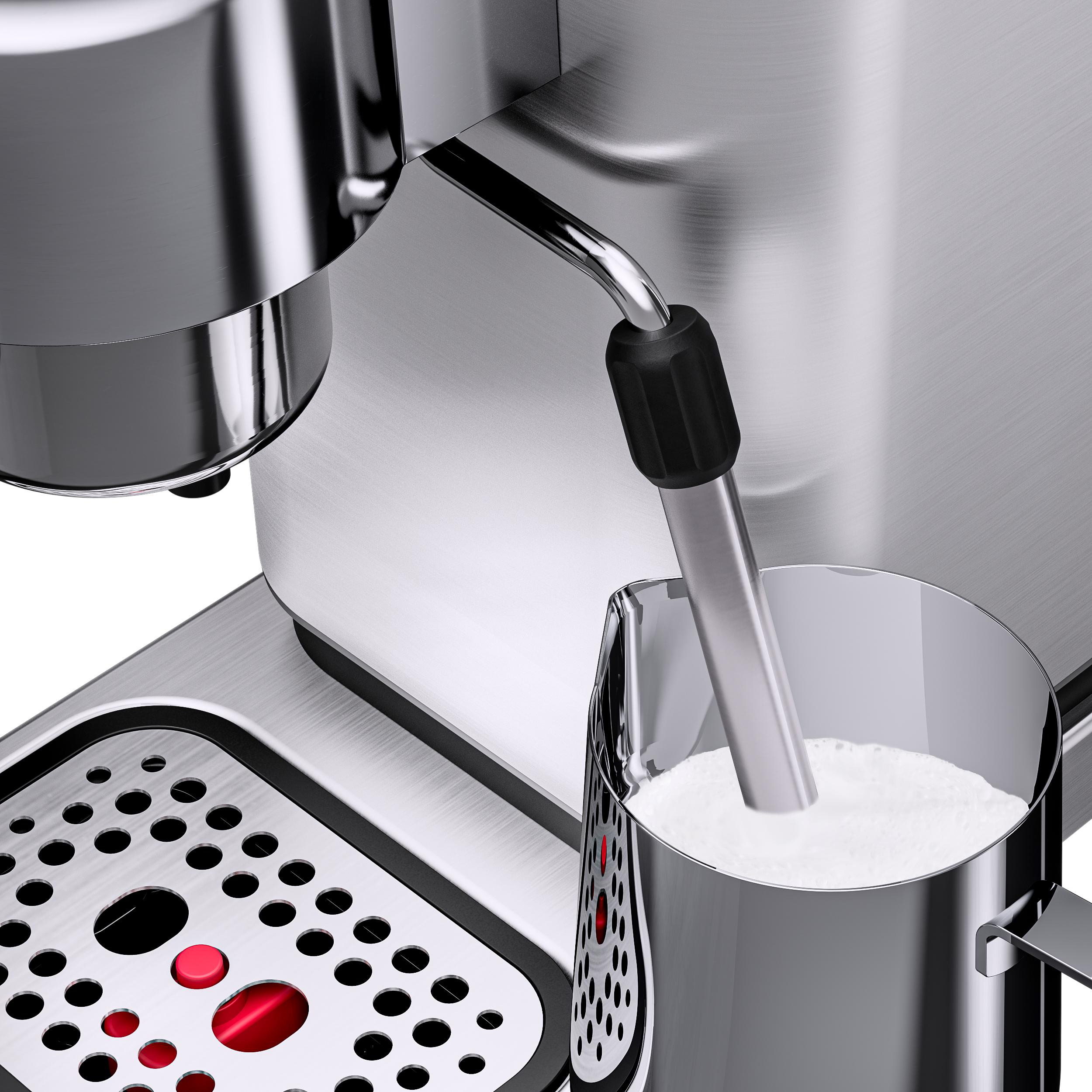 Espressomaschine, die Milch in einem silbernen Krug aufschäumt. Maschine und Krug stehen auf weißem Untergrund.
