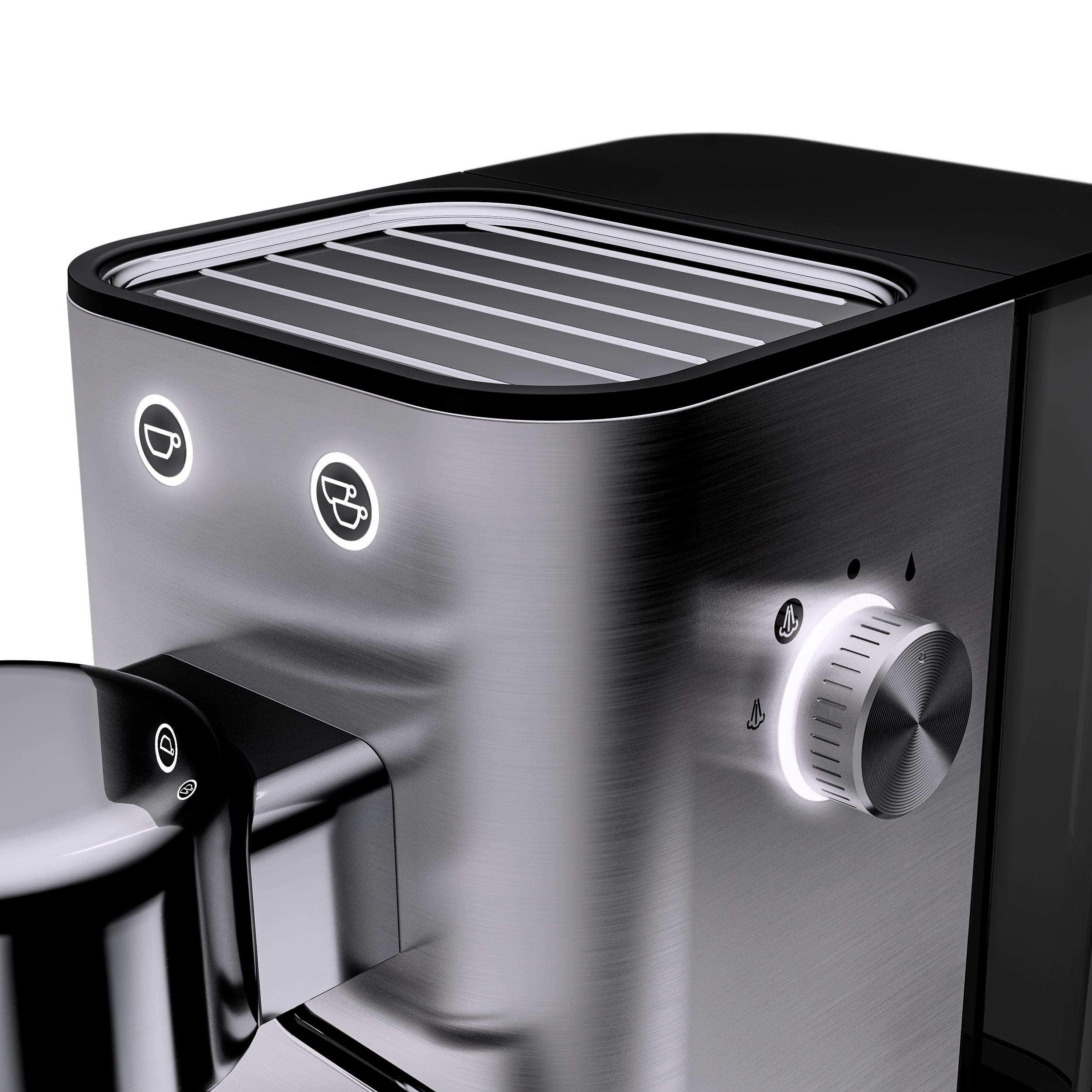 Espressomaschine mit beleuchtetem Bedienrad und Kaffeetassen-Symbolen. Silber- und Schwarztöne.
